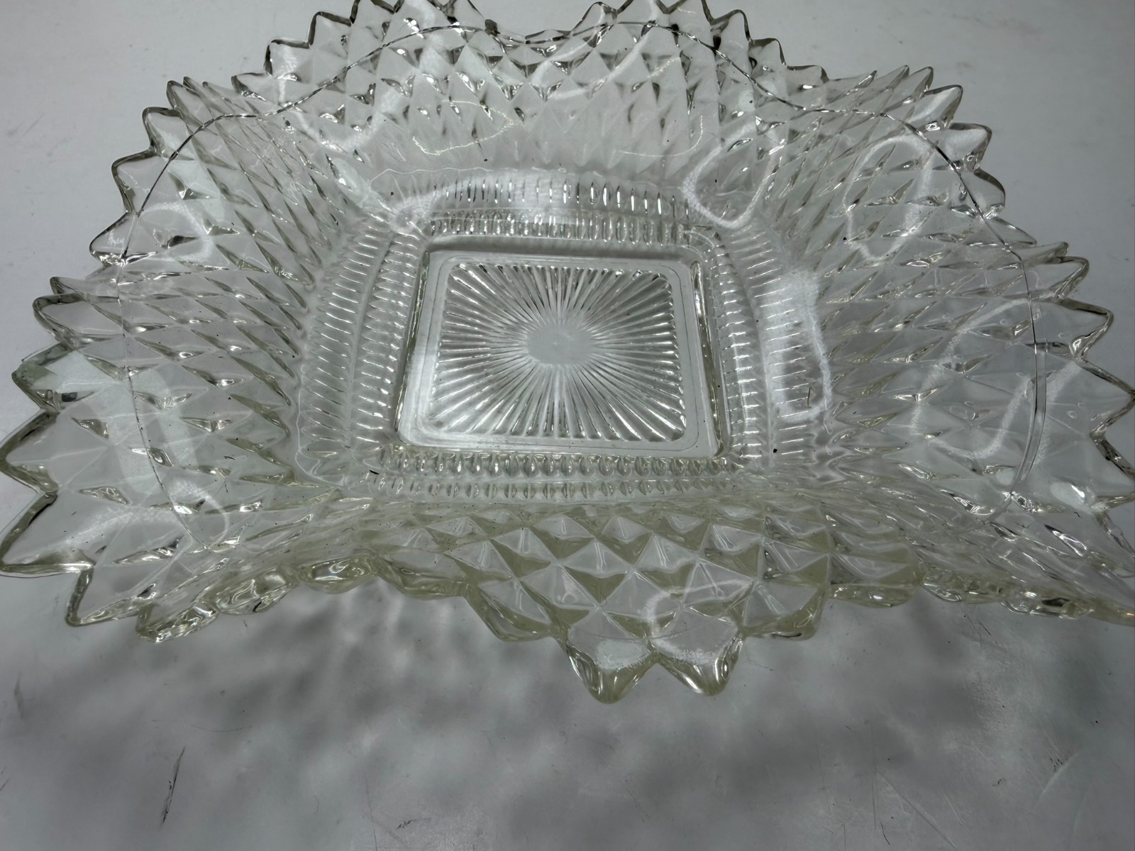 Vintage Indiana Glass 6.5″ Square Candy Dish Bowl Diamond Cut Ruffled Edge