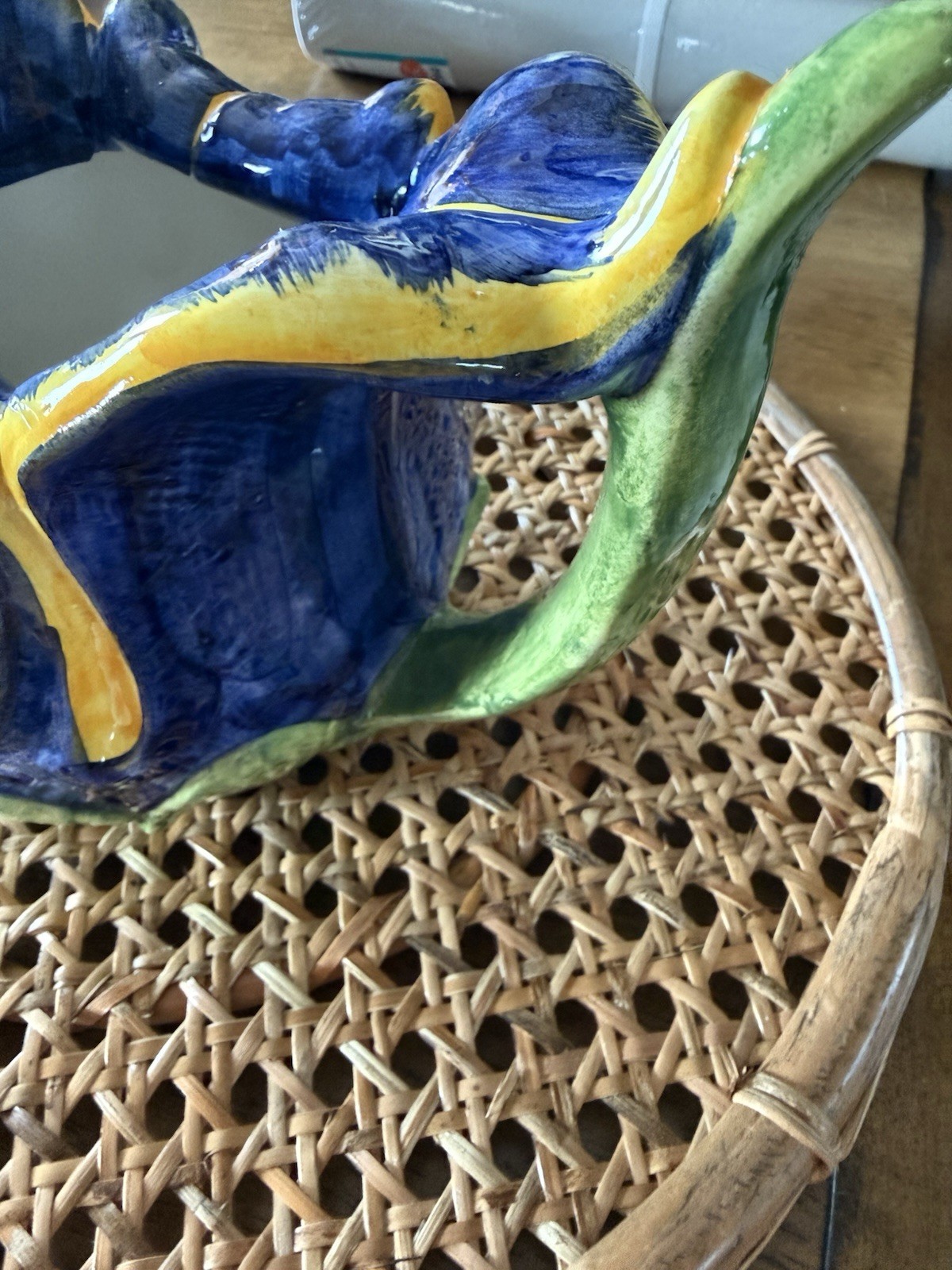 VTG ITALIAN HANDMADE POTTERY IRIS PITCHER MAJOLICA STYLE COBALT BLUE YELLOW