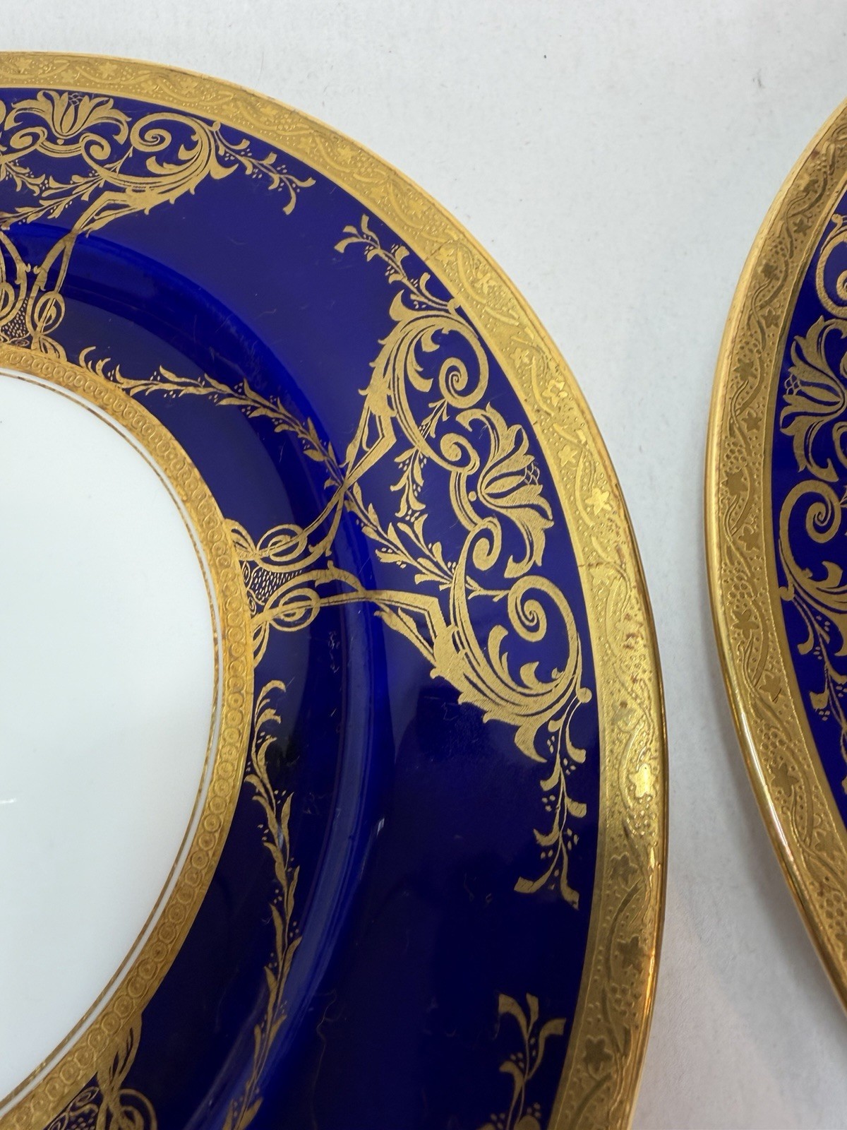 Antique Minton Porcelain 2 Dinner Plates w Raised Cobalt Blue Gold Rim 10 1/8 in