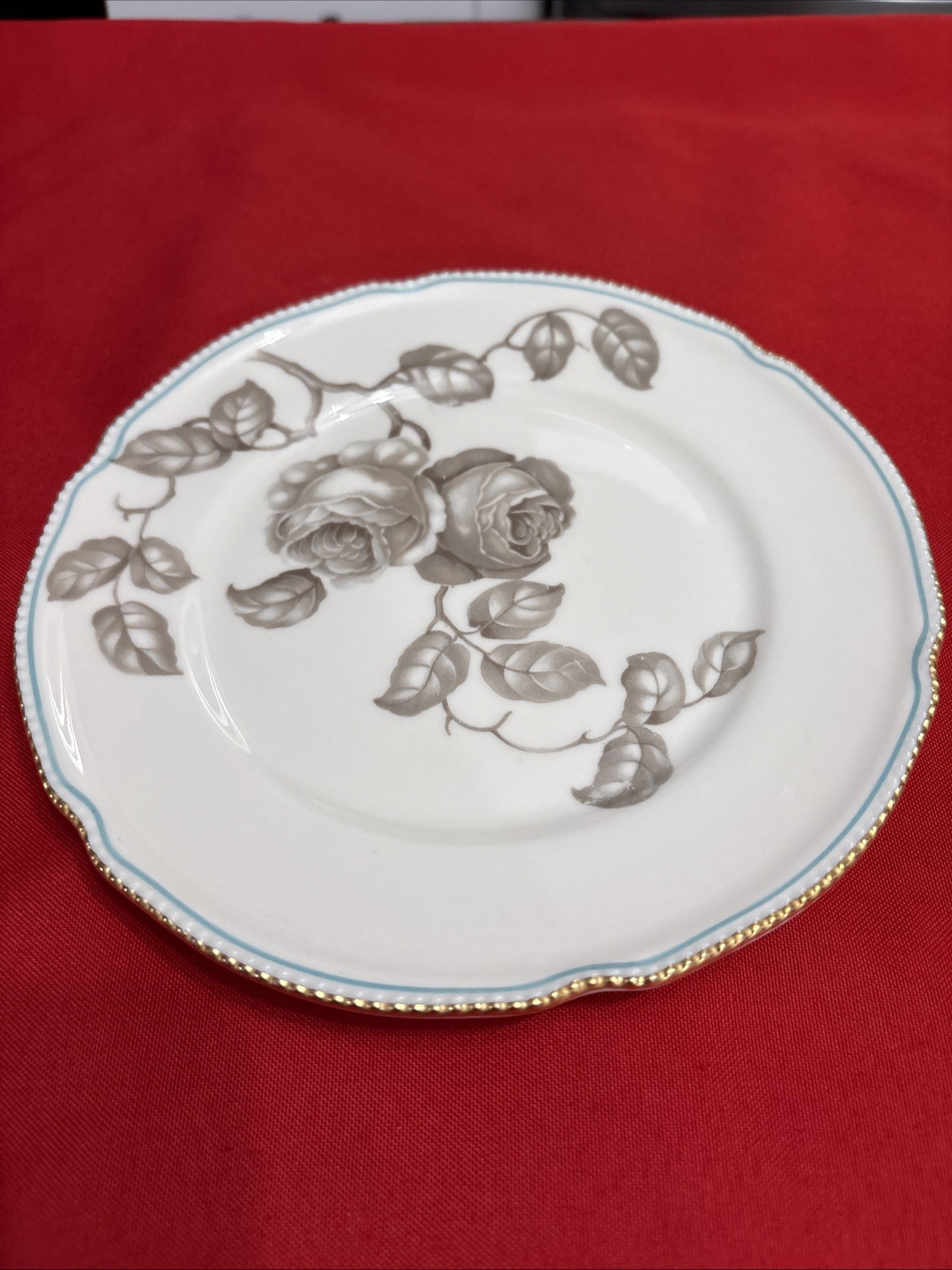 Castleton China Gloria 8″ Salad Plate Blk Rose Gold Trim W/ Blue Pinstripe