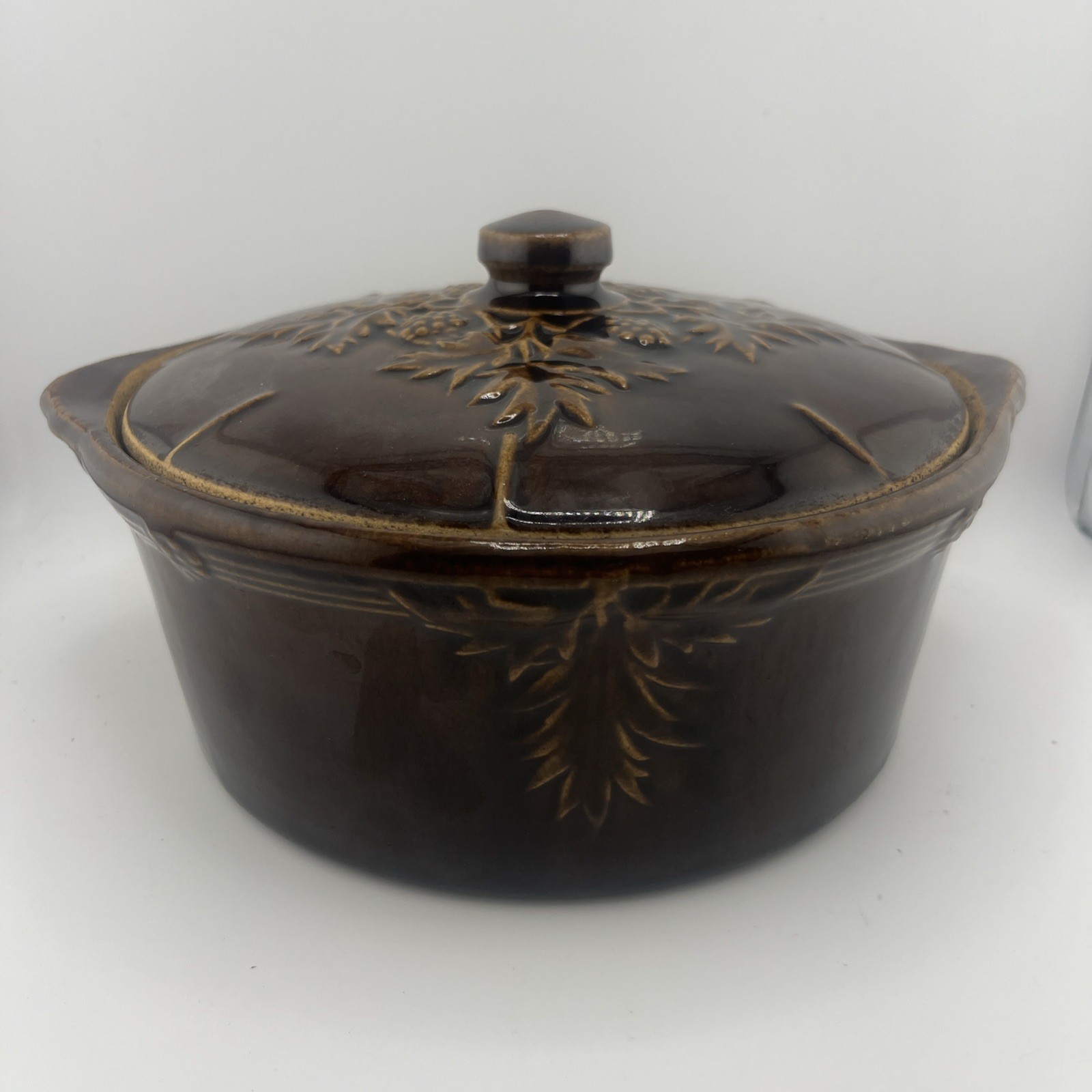 Vintage Brown Stoneware Ceramic Crock Lidded Casserole Dish Unmarked ST