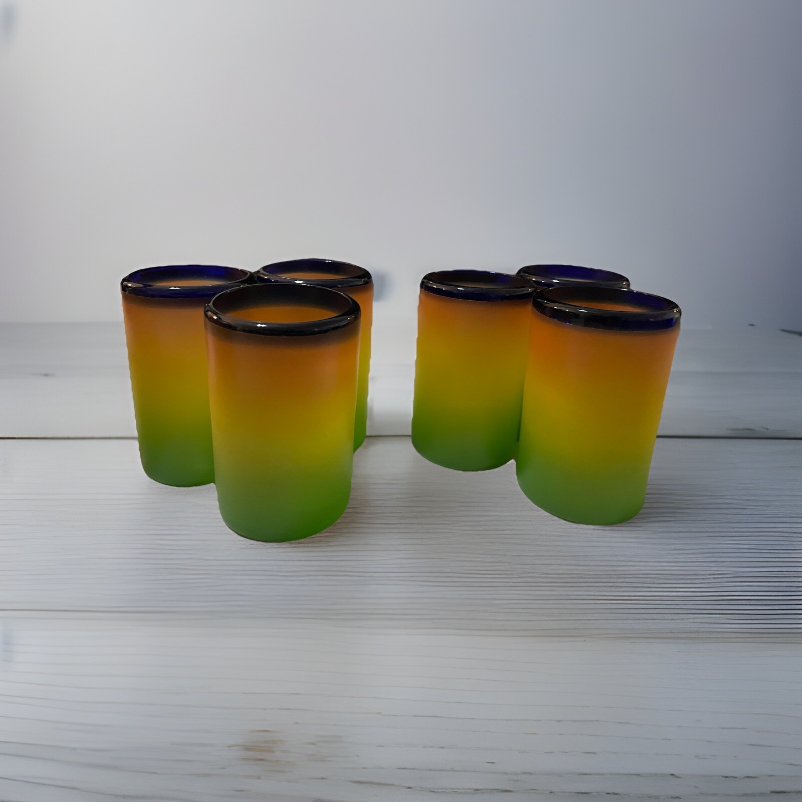 Hand Blown Orange Yellow Green Cobalt Blue trim 6 Tumblers & Pitcher