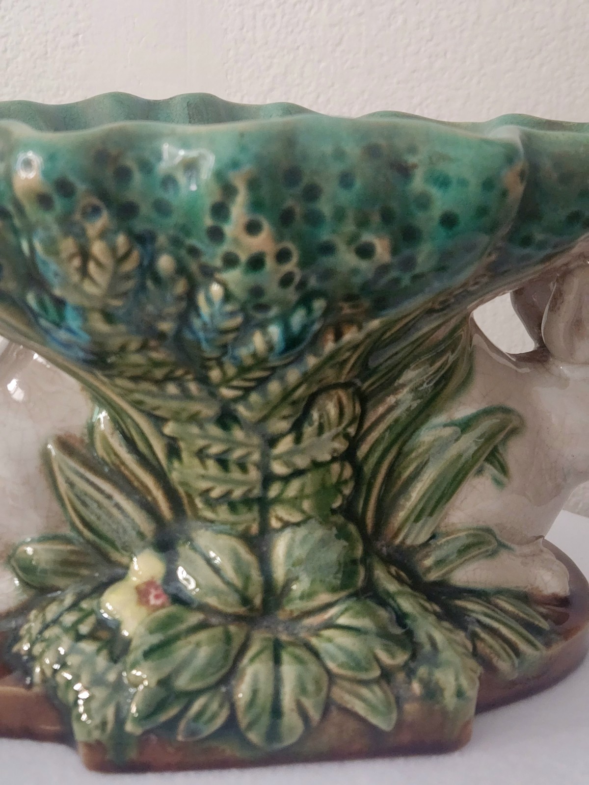 Vtg Majolica Double Rabbit Pedestal Compote Fruit Bowl Centerpiece Easter VGC