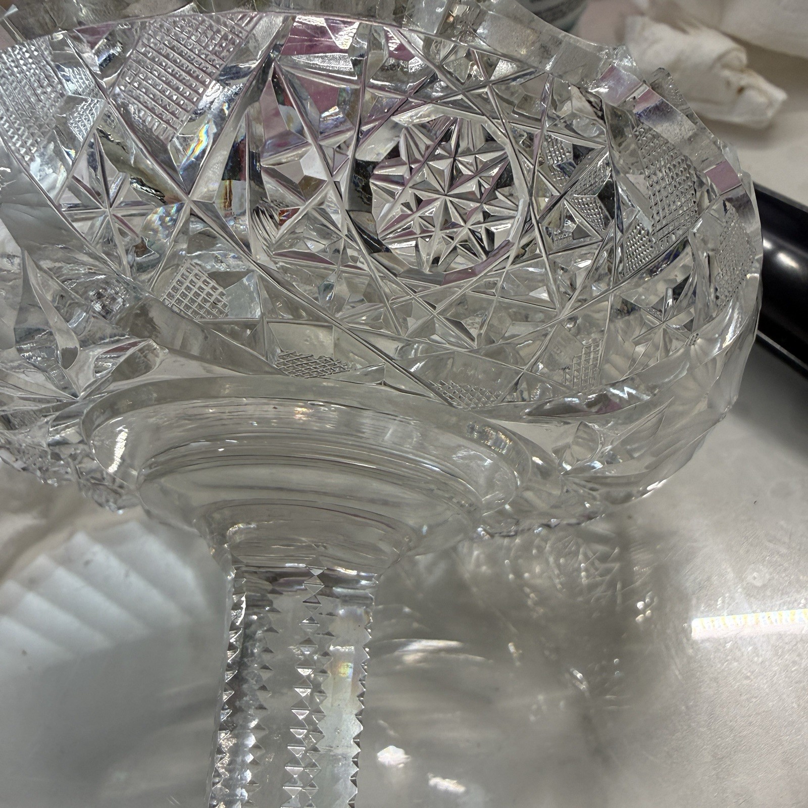 American Brilliant Period Cut Glass Pedestal Compote Bowl 6″ Scallop Sawtooth