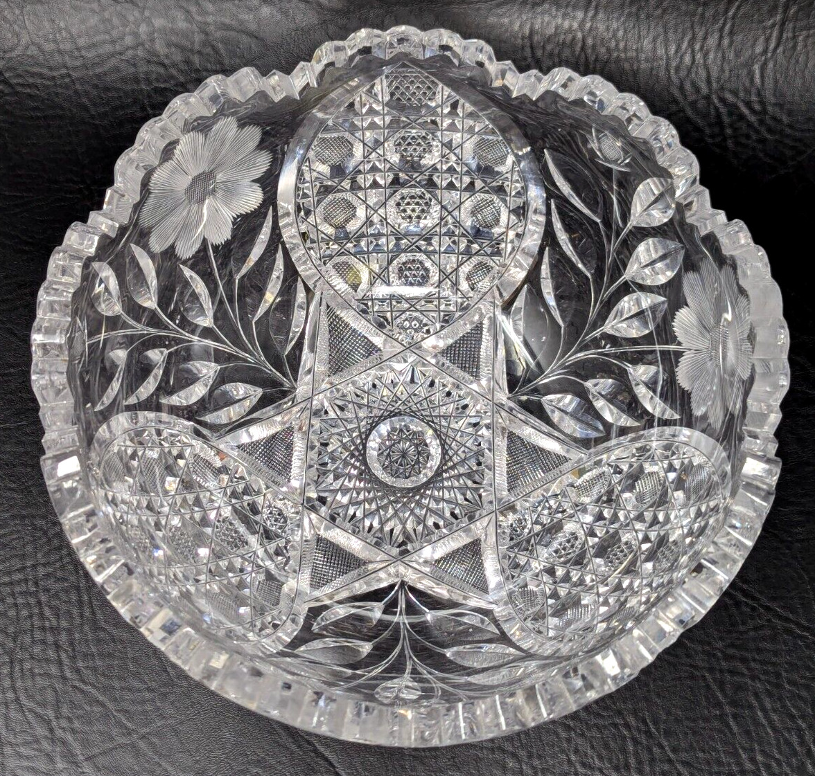 Vintage ABP American Brilliant Cut Crystal Sawtooth Daisy Flower Leaves 9″ Bowl