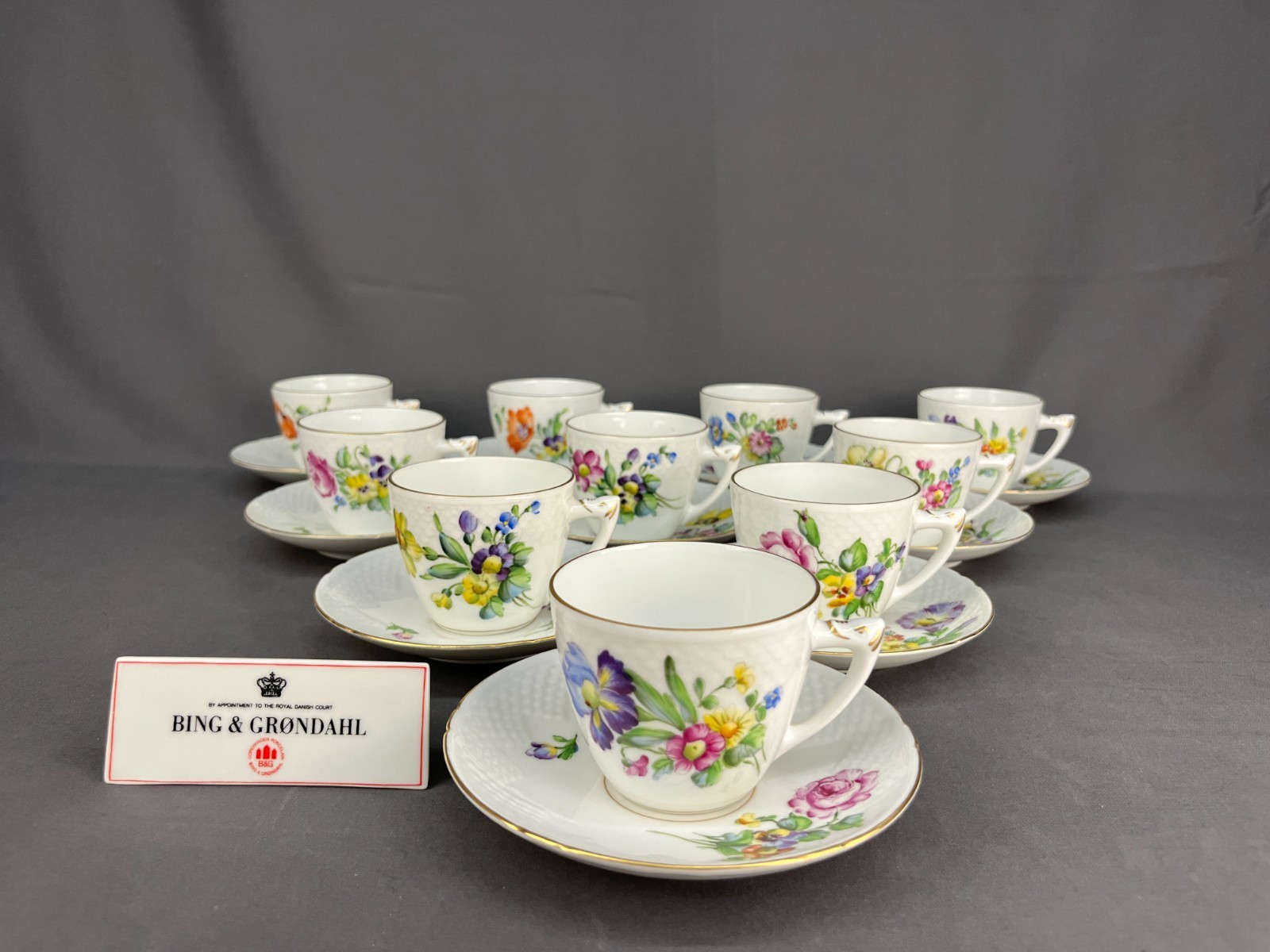 10 B&G Bing Grondahl SAXON FLOWER 2 1/2″ Flat Cup & Saucer Sets c. 1940’s : MINT