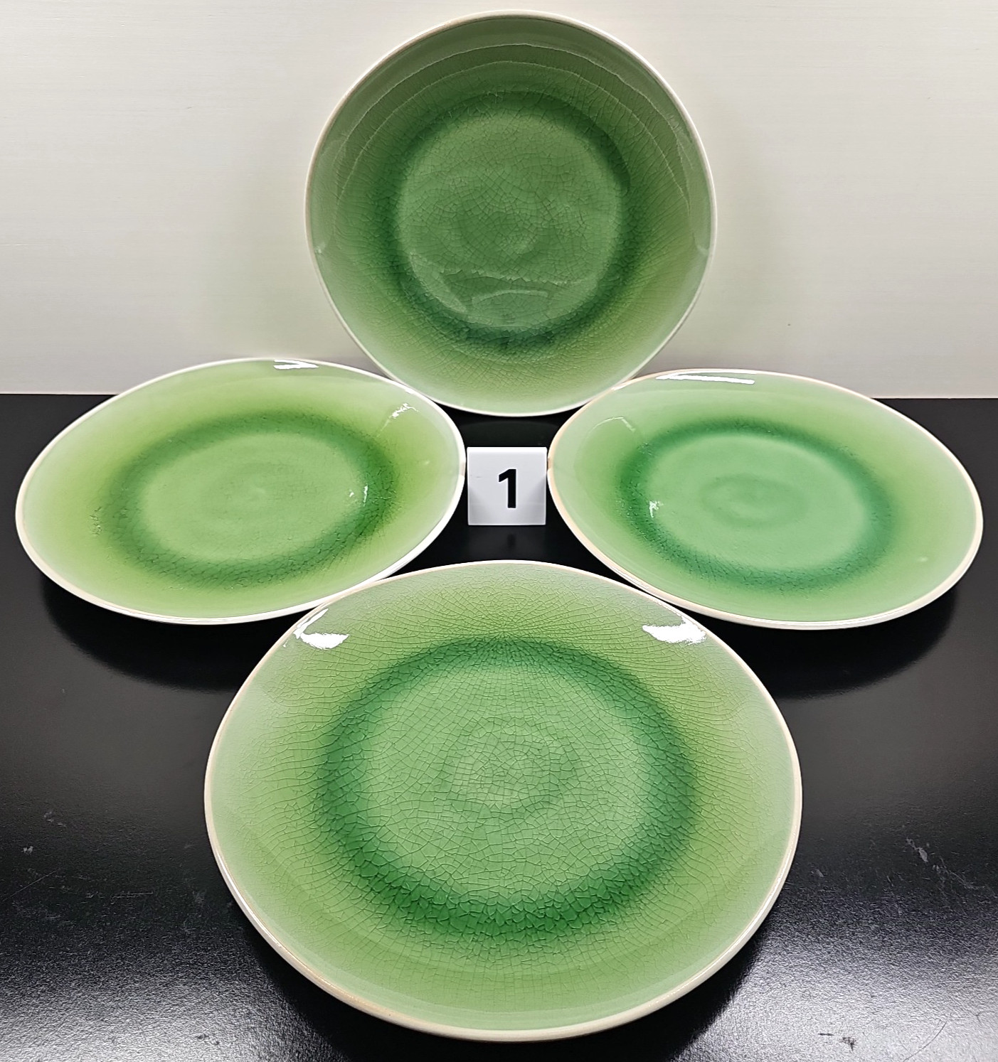 8 Roscher Crackle Glass Green Dinner Plates Set Elegant Stoneware Table Dish Lot