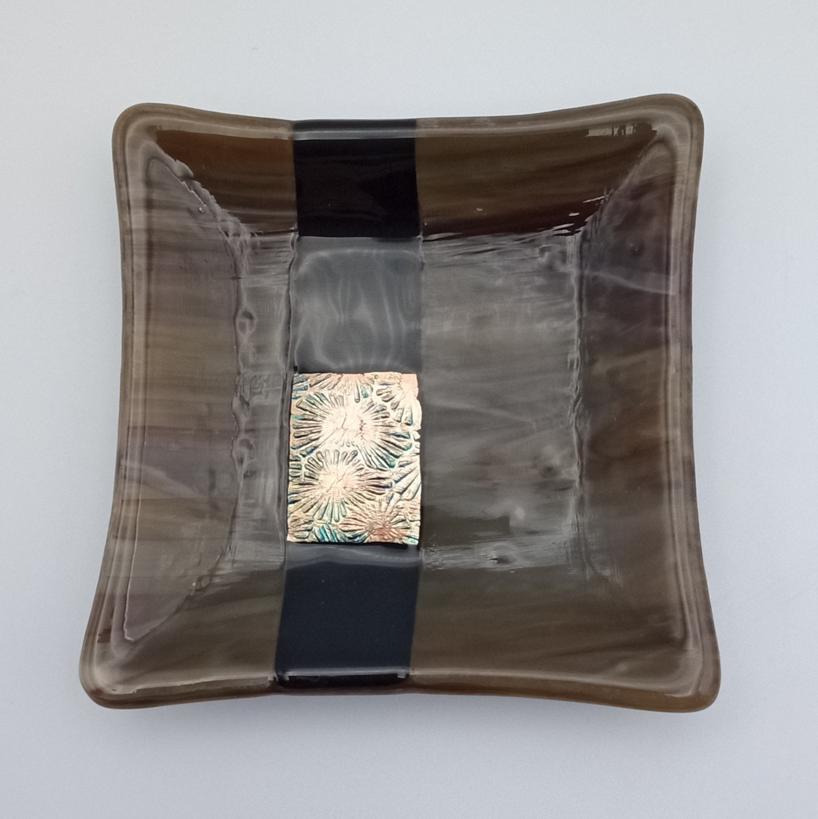 Dichroic Fused Glass Square Trinket Dish Brown Black Copper Abstract Signed