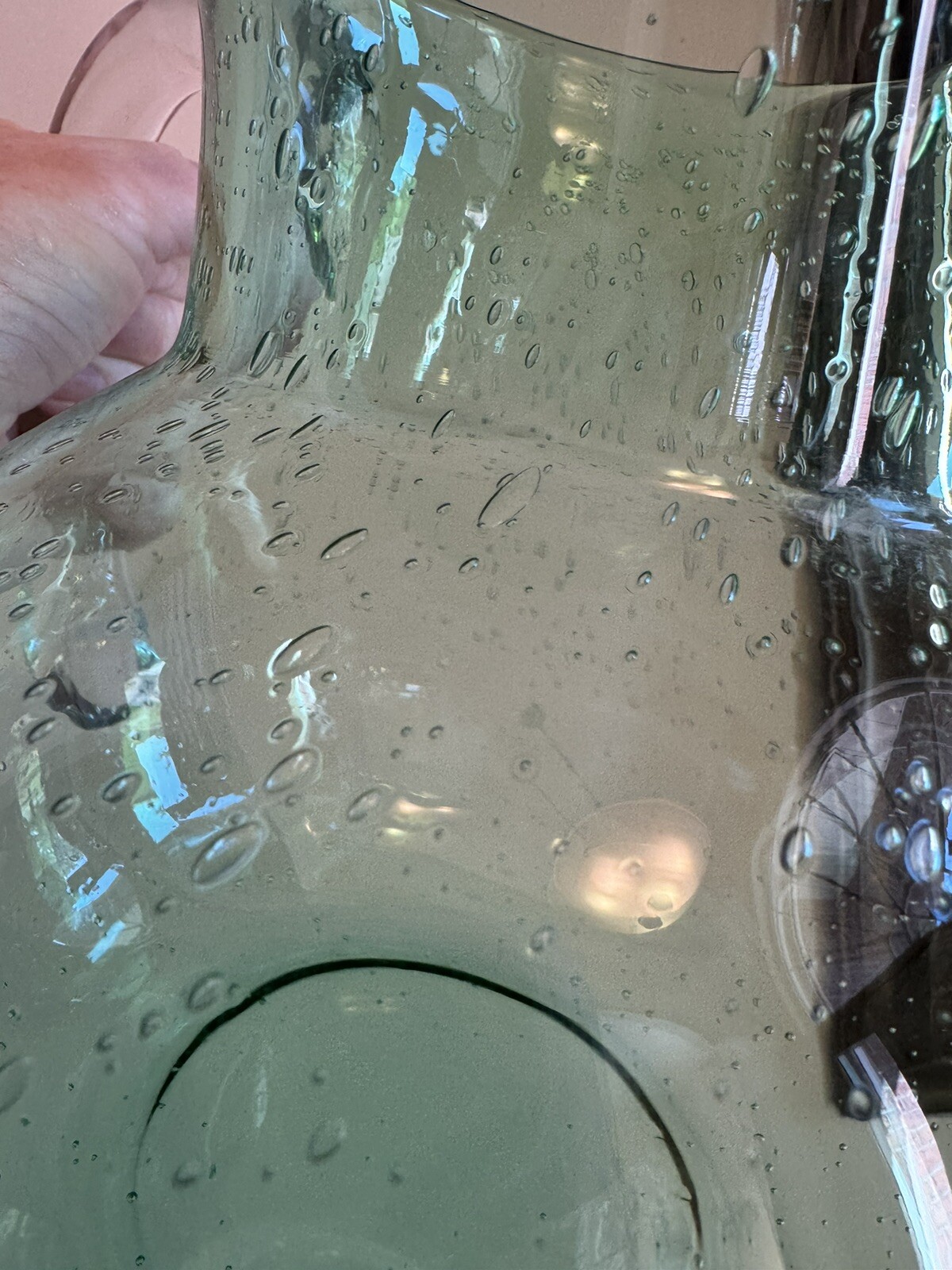 END 7/23 Large Hand Blown Green Bubble Glass Pitcher Heavy Applied Handle Seeded