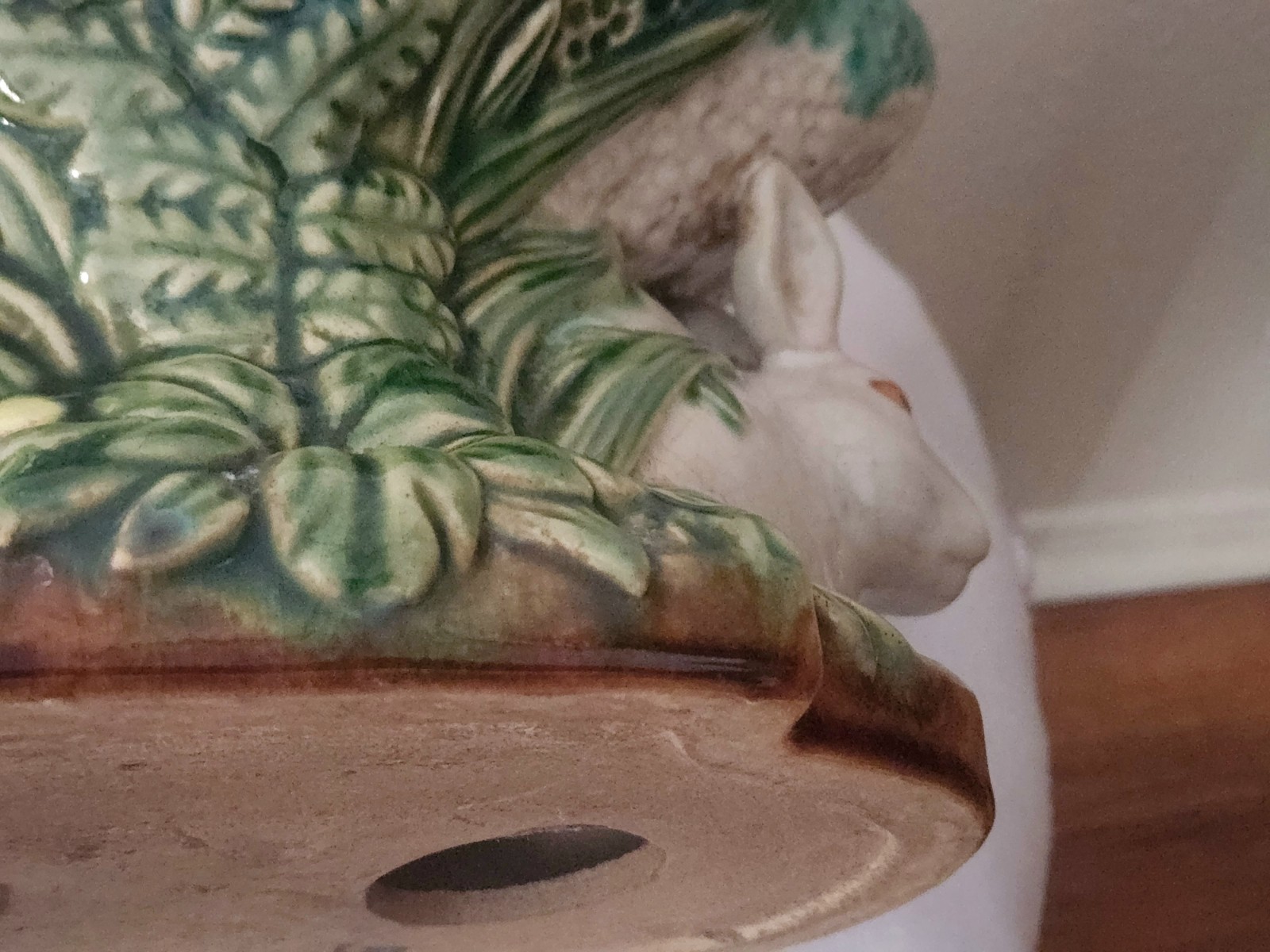 Vtg Majolica Double Rabbit Pedestal Compote Fruit Bowl Centerpiece Easter VGC