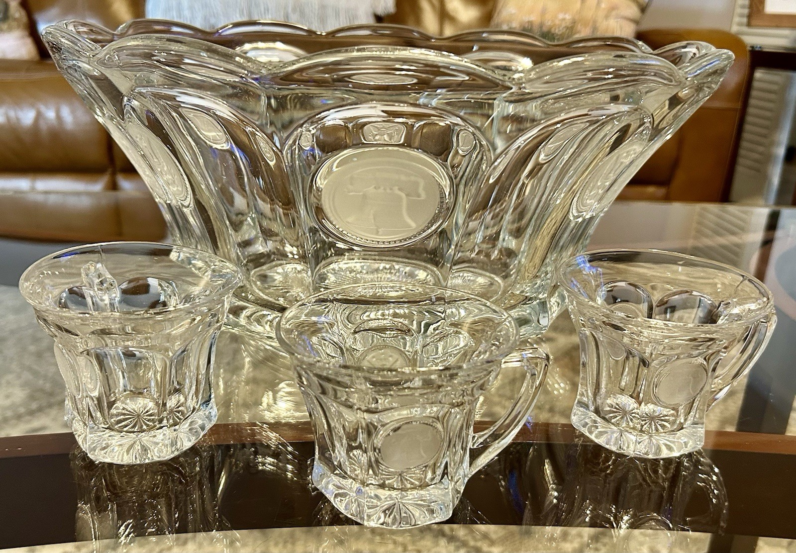 Vintage Fostoria Coin Clear Glass Punch Bowl Set – 14.5” Bowl With 3 Cups Mugs