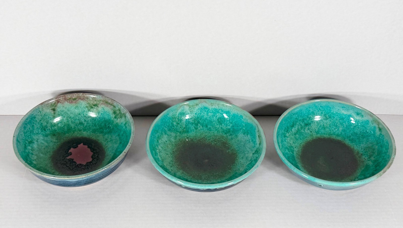 Set 5 Handmade Studio Pottery Bowls Signed D Blue Green Drip Glaze Stoneware