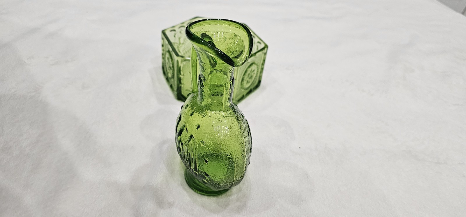 Green Pressed Glass Hexagon Bowl with Floral Pattern, Colonial Theme Glassware