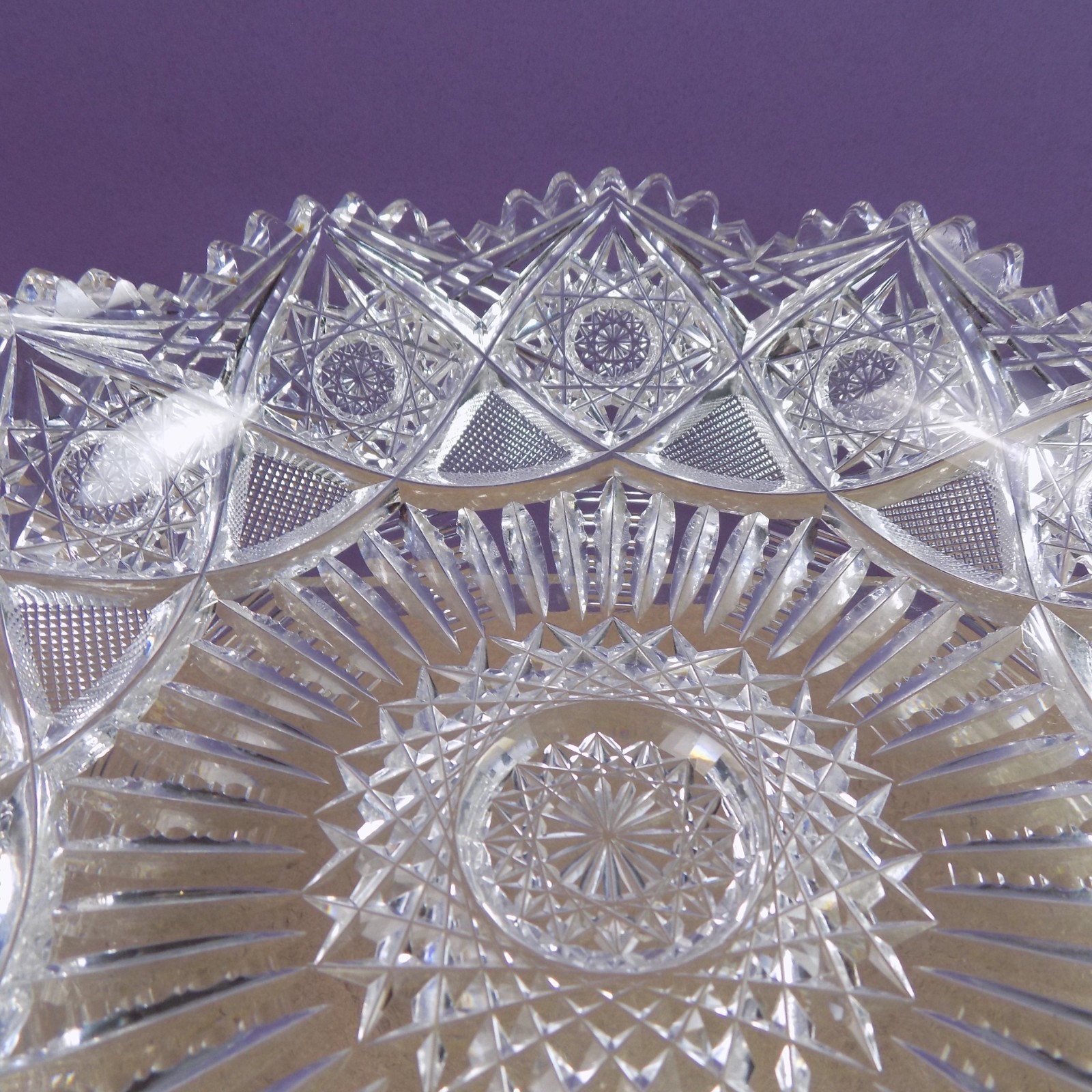 Antique American Brilliant Cut Glass Low Bowl 8″x2″ VGC Hobstar Sunburst