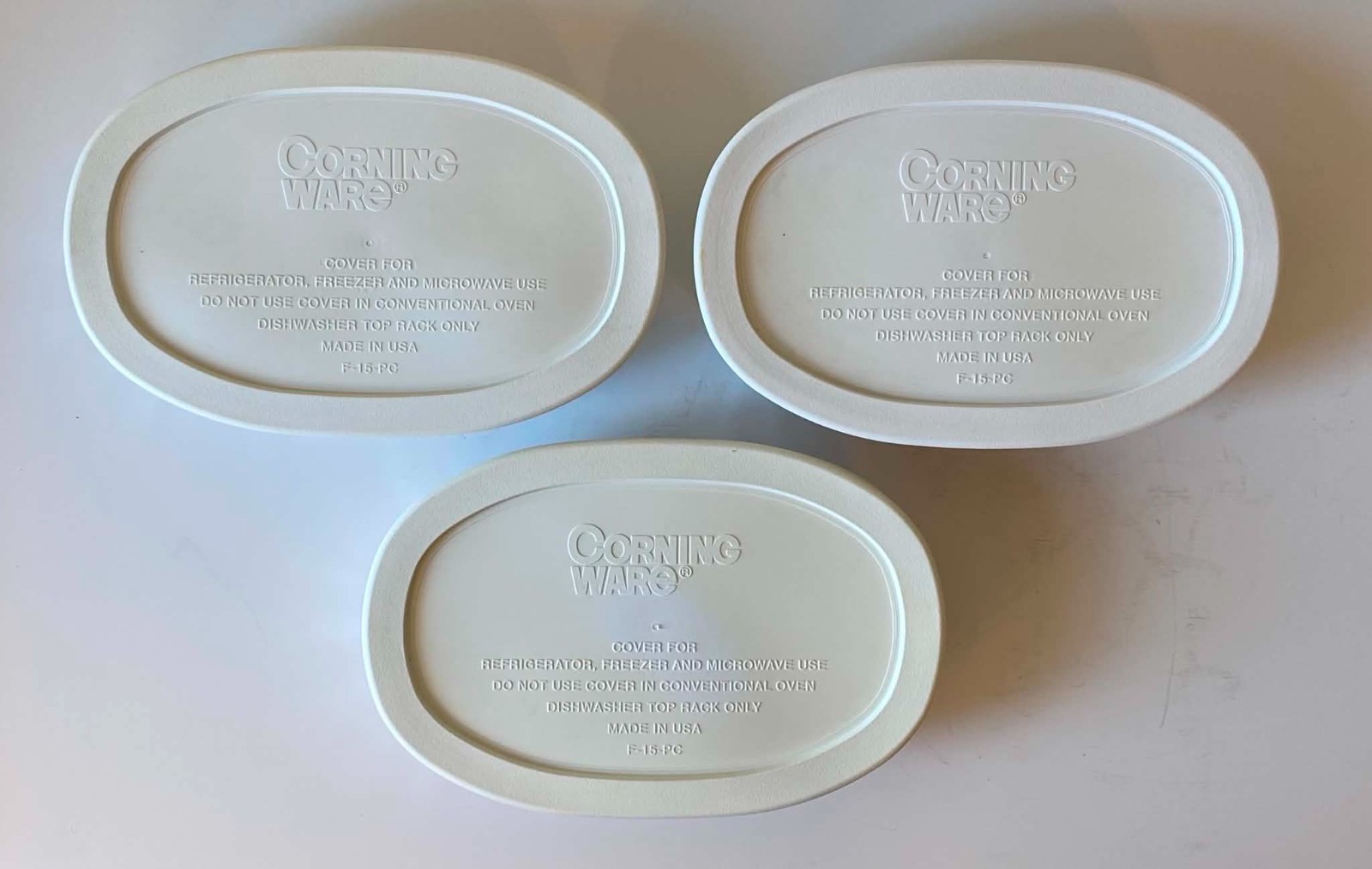 Used Corningware Baking Dish F-15-B, 15 Oz, French White Oval with Plastic Lid