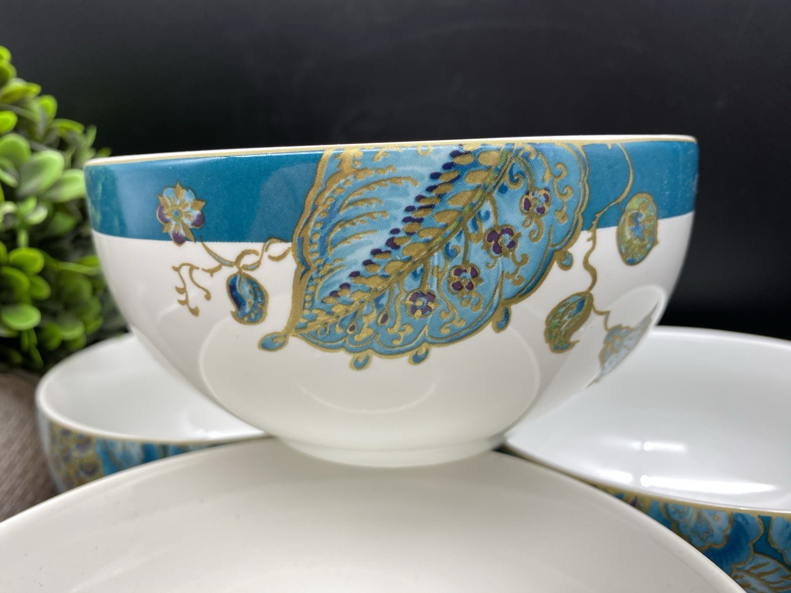 222 FIFTH Eliza Teal FINE PORCELAIN 5.50″ x 3″ Soup Bowls (SET OF 4) NEW