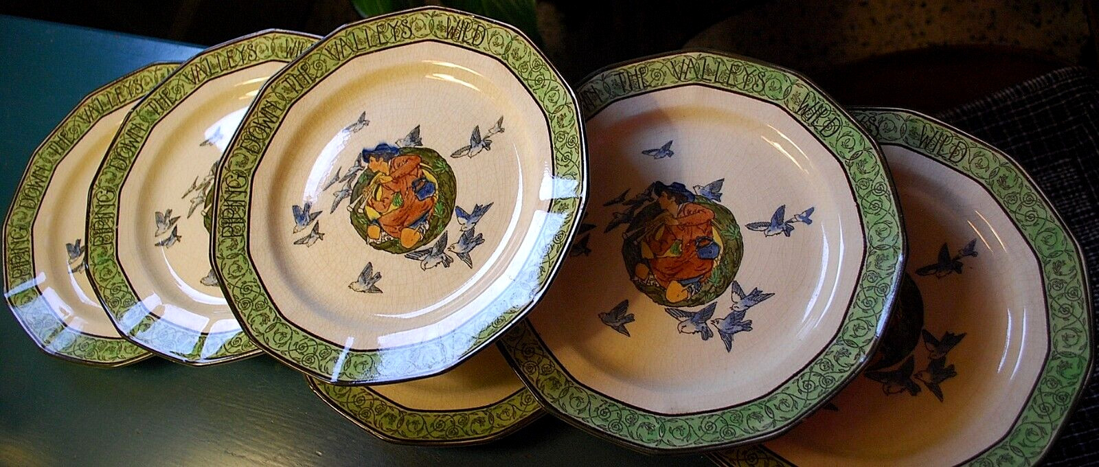 RARE Antique Set 6 Royal Doulton PIPING DOWN THE VALLEYS WILD Plates c1911 8.5″