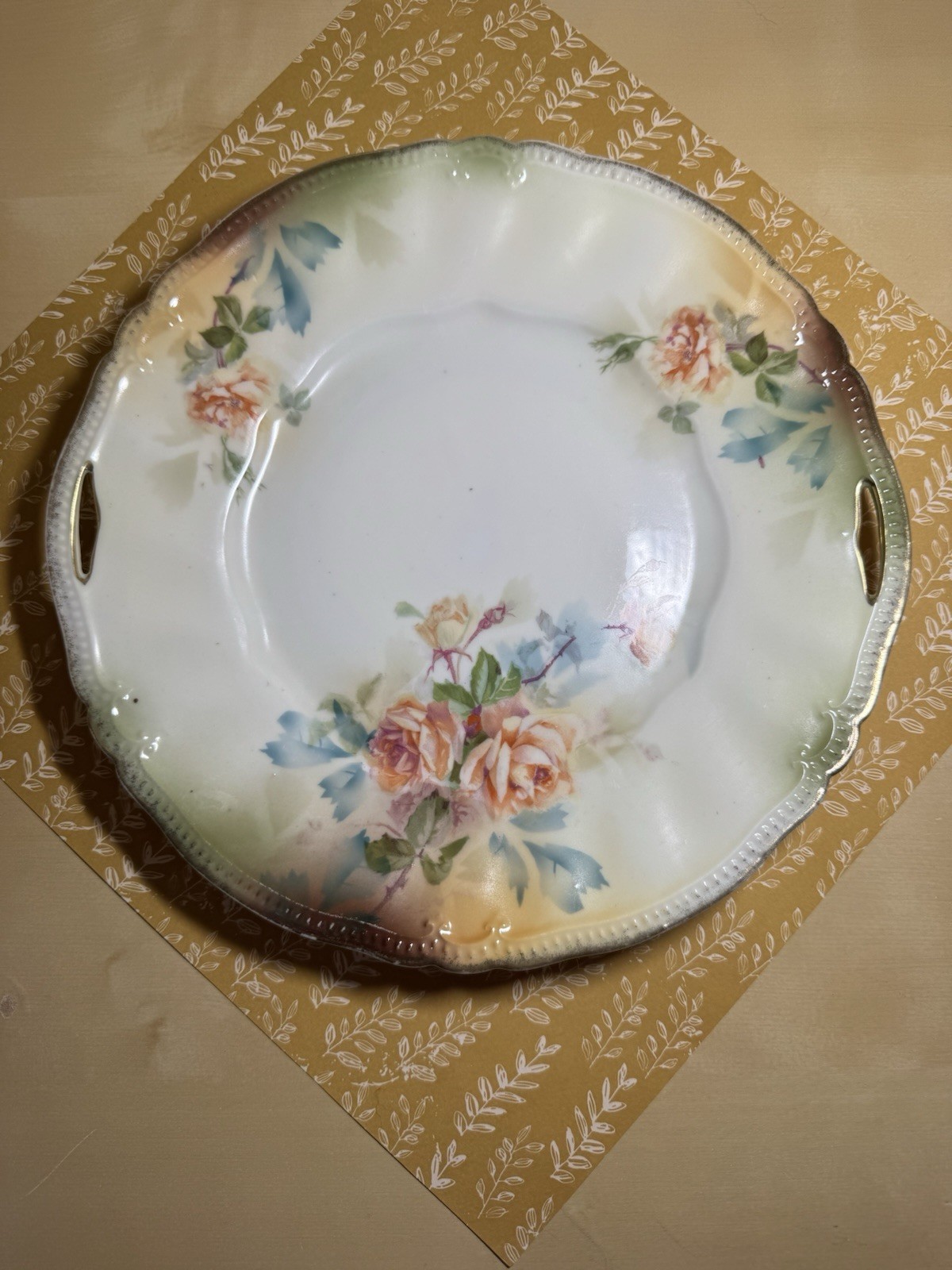 RS Prussia Handled Cake Plate Pierced Handles Scalloped Edge Beaded Trim