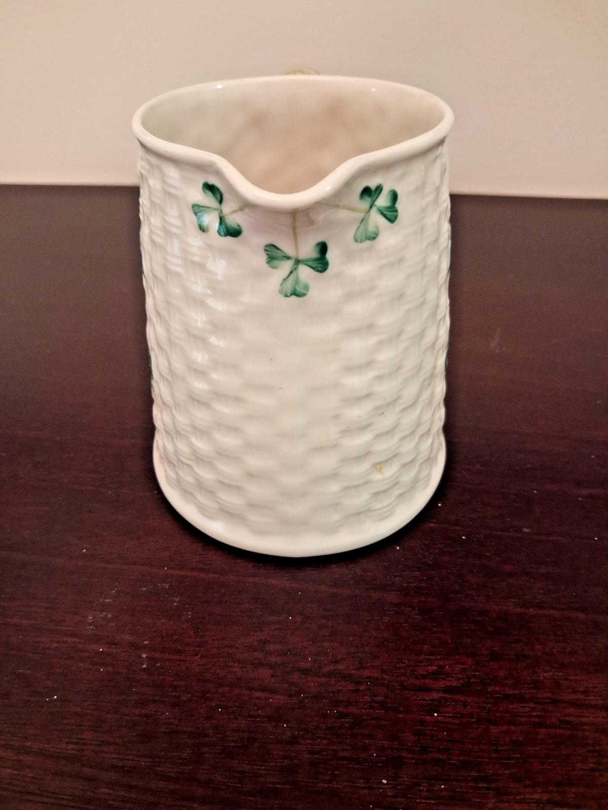 Belleek Ireland Basket Weave Shamrock Creamer