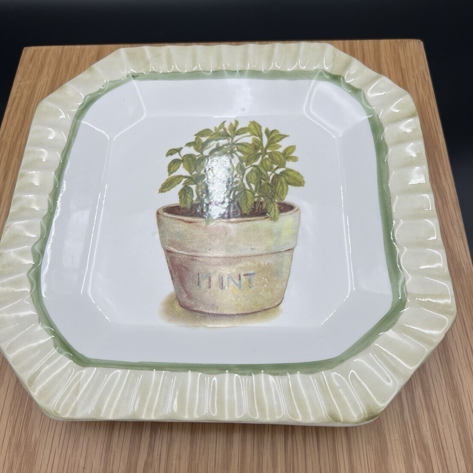 Vintage Ceramica Due Torri Mint Herb Plate Square 9” Italy Set of 2