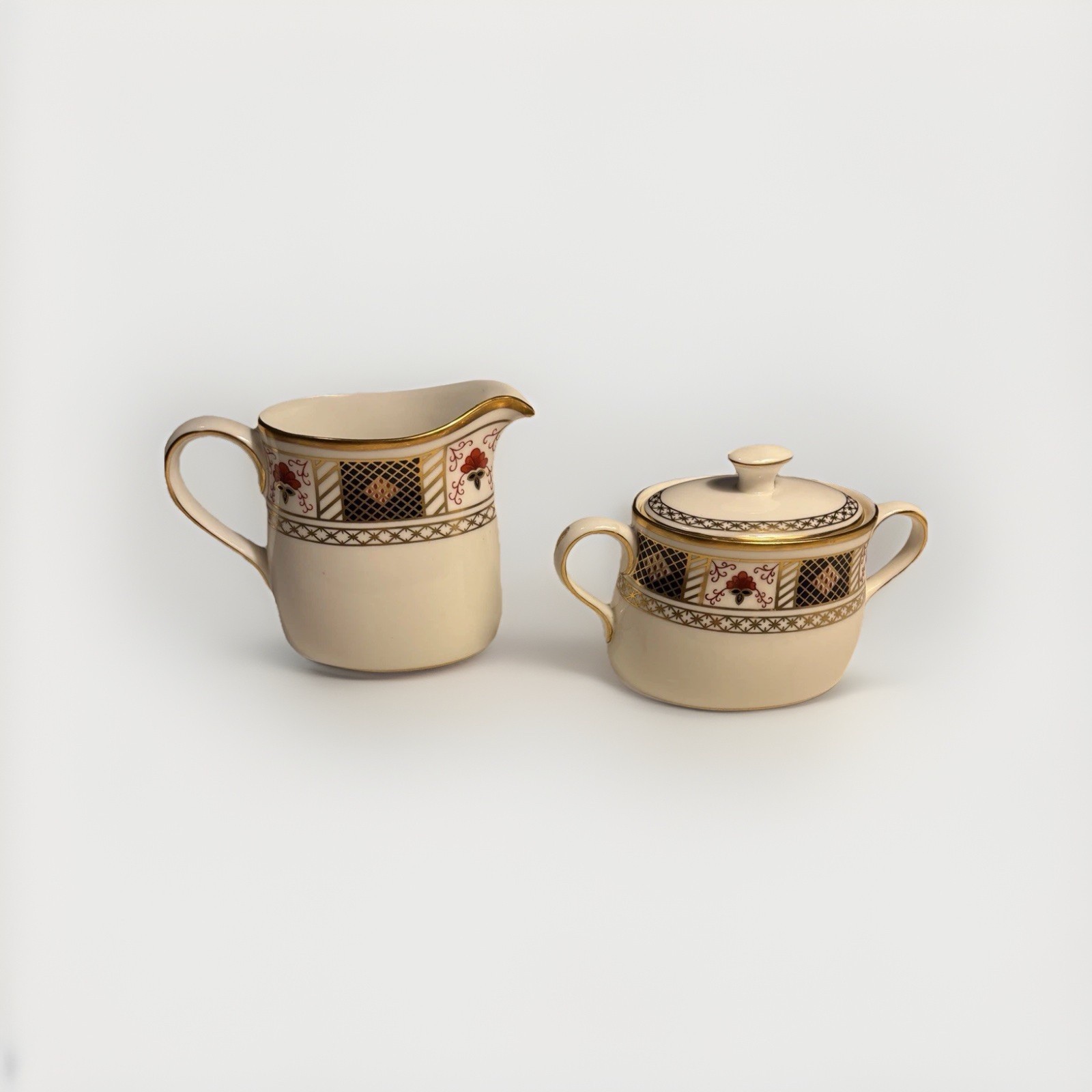 Royal Crown Derby Bordered Covered Sugar Bowl And Creamer