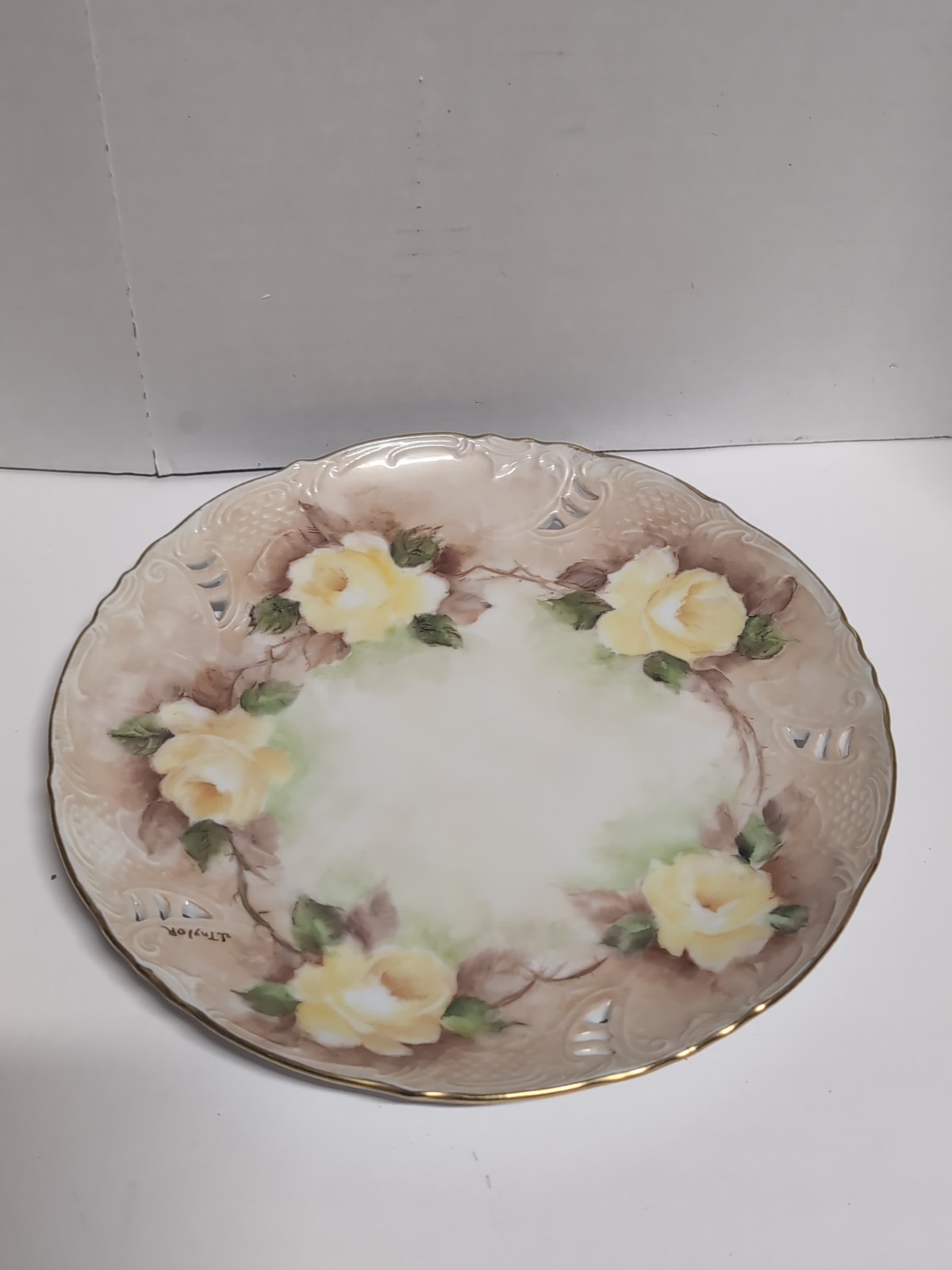 Vintage Hand Painted Plate Yellow Roses Gold Trim Pierced Rim Signed J Taylor 9”