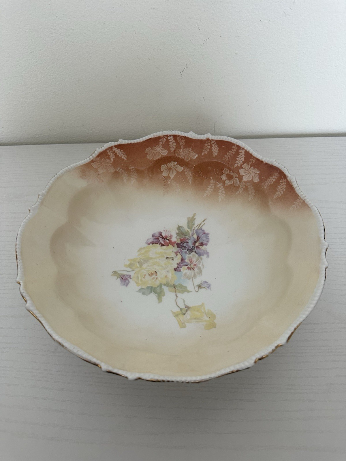 Antique RS Prussia Bowl Red Mark Germany Porcelain Floral Scalloped Gold Trim