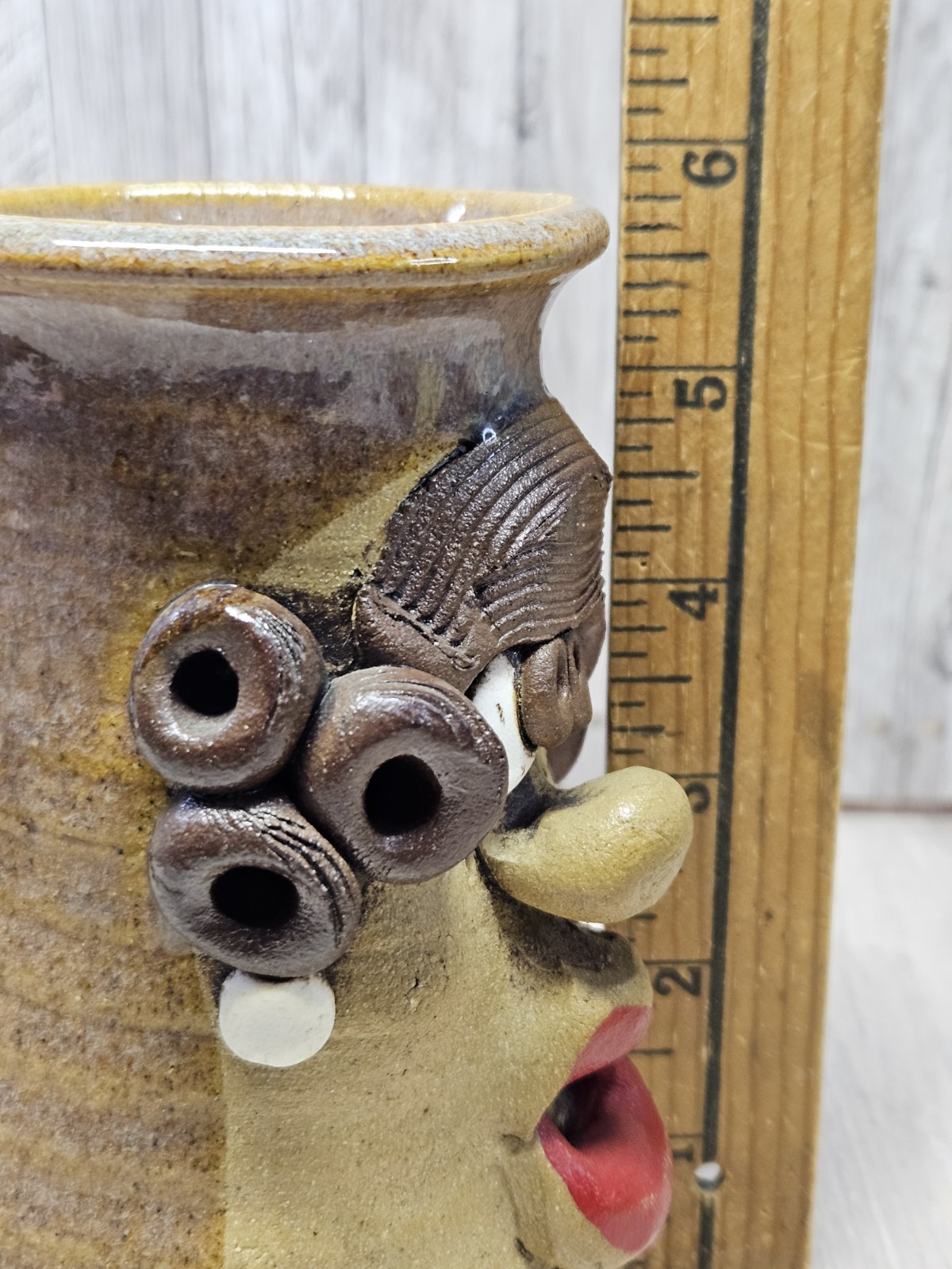 Vtg Mark Hines Studio Pottery Funny Face Mug OOAK Mid 1980s Signed K Ugly Face