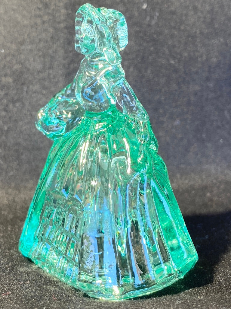 Green Vaseline uranium glass girl doll candy container woman Elizabeth Blue glow