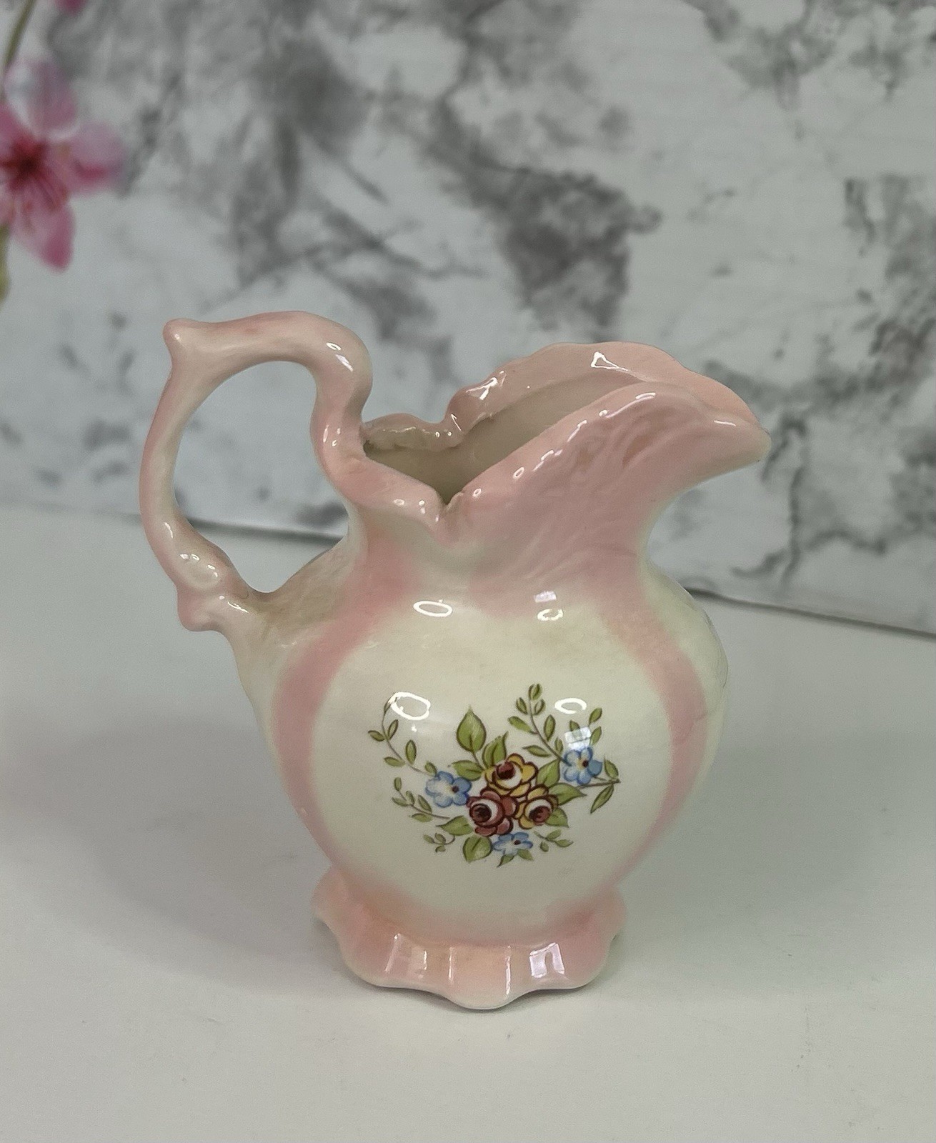 Tiny White & Pink Flower Floral Miniature Pottery Pitcher– 3 inches Dollhouse