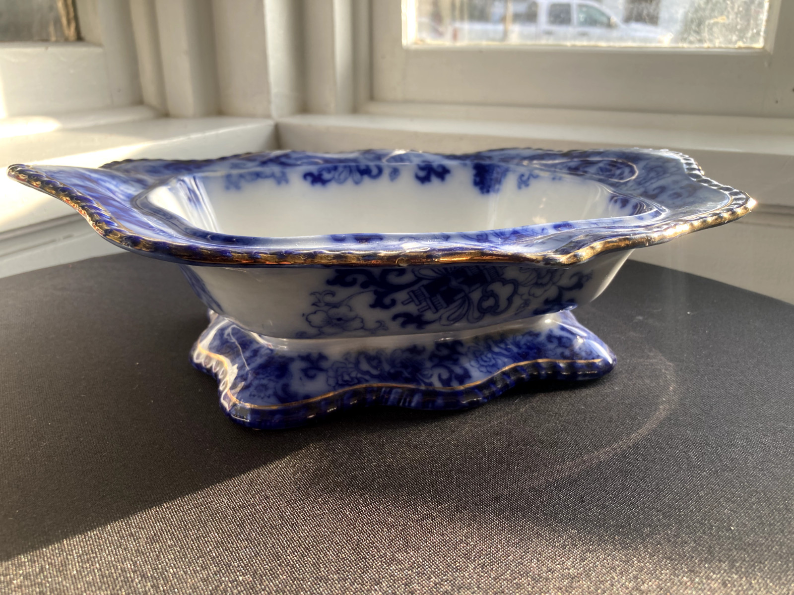 Antique Royal Doulton Flow Blue Oval Covered Vegetable Nankin Porcelain England