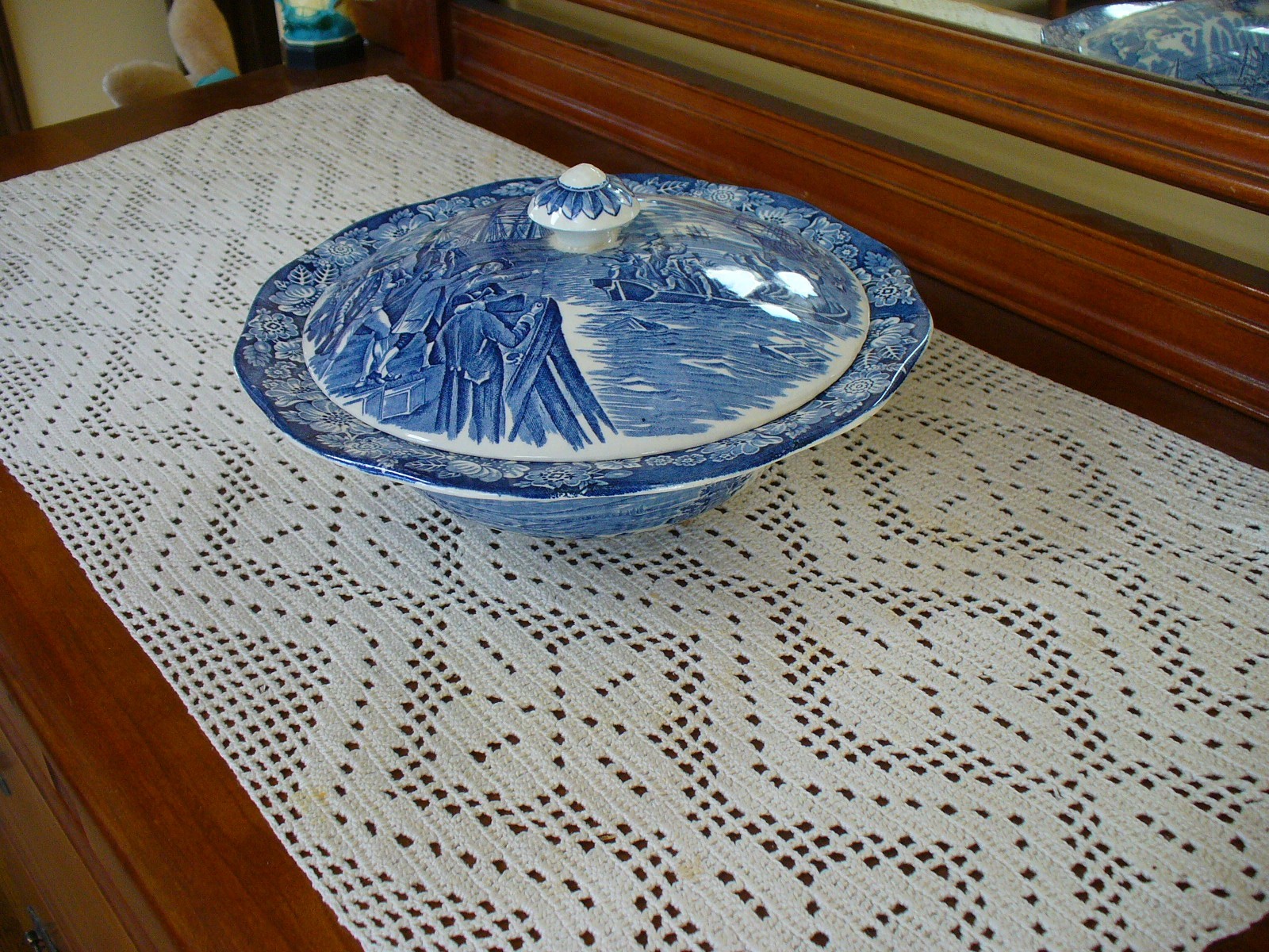 LIBERTY BLUE Staffordshire Covered Vegetable Bowl “Boston Tea Party”