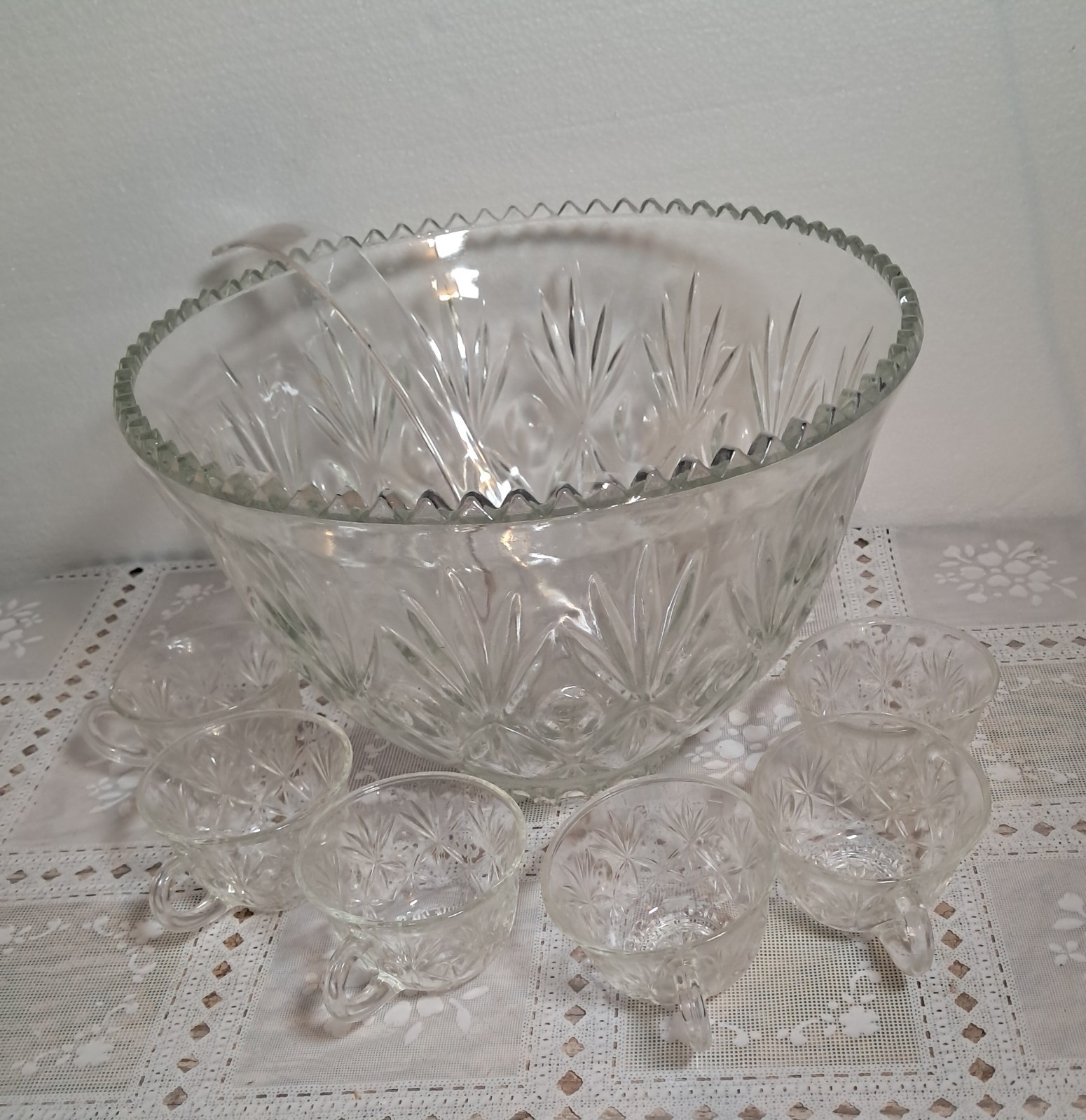 Crystal Punch Bowl Set With 6 Cups & Laddle