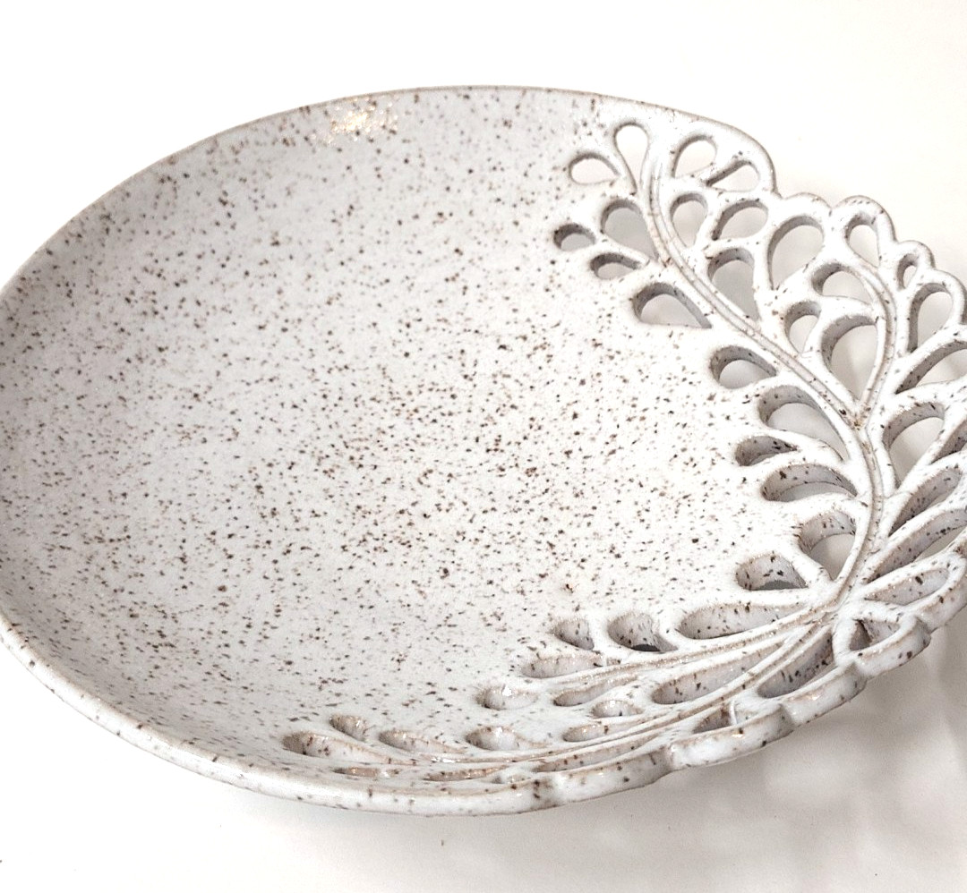 Pretty Speckled Glazed Cut Out Footed Pottery Dish