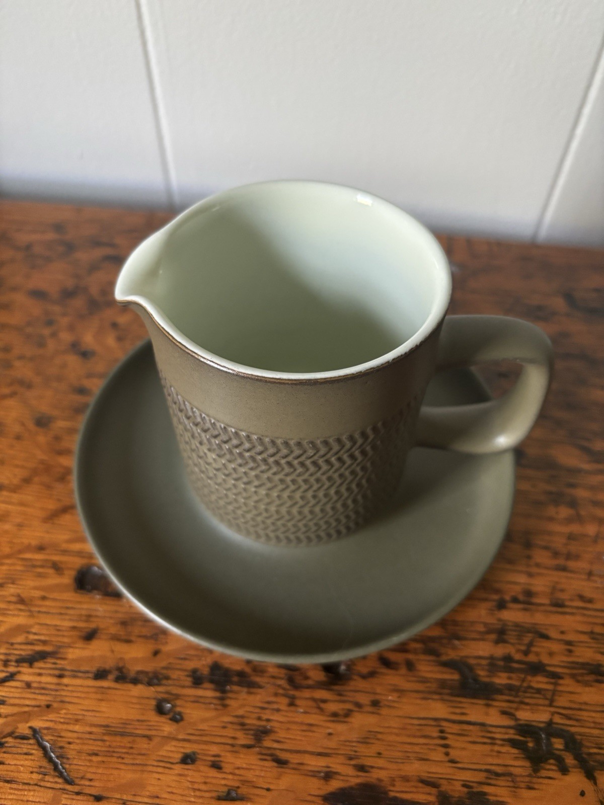 Denby Camelot Dark Green Creamer And Saucer Stoneware Chevron Pattern MCM