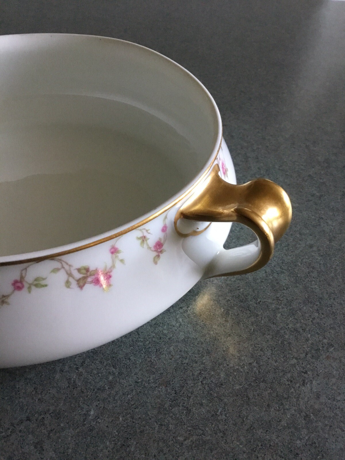 Haviland Limoges France Handled Casserole Dish Pink Rose Garland & Gold Trim