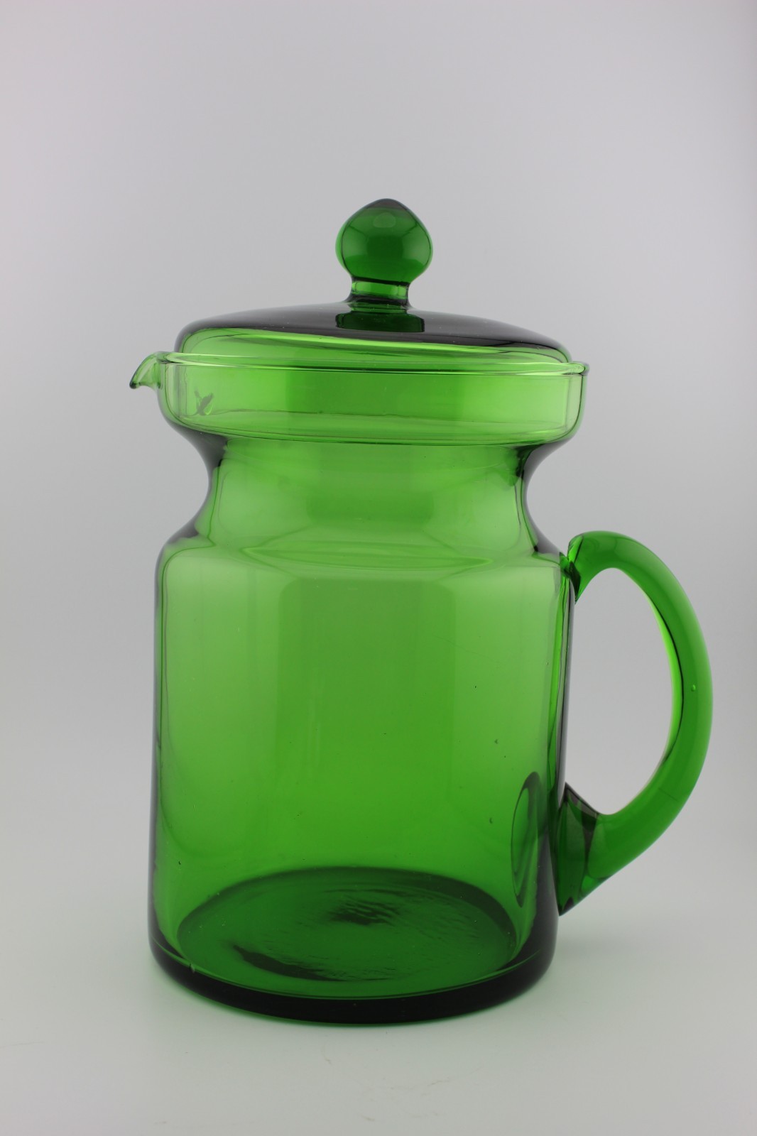 Hand-Blown Glass Drink Pitcher w/ Lid Forest Green MCM Applied Handle 9 3/8″ H