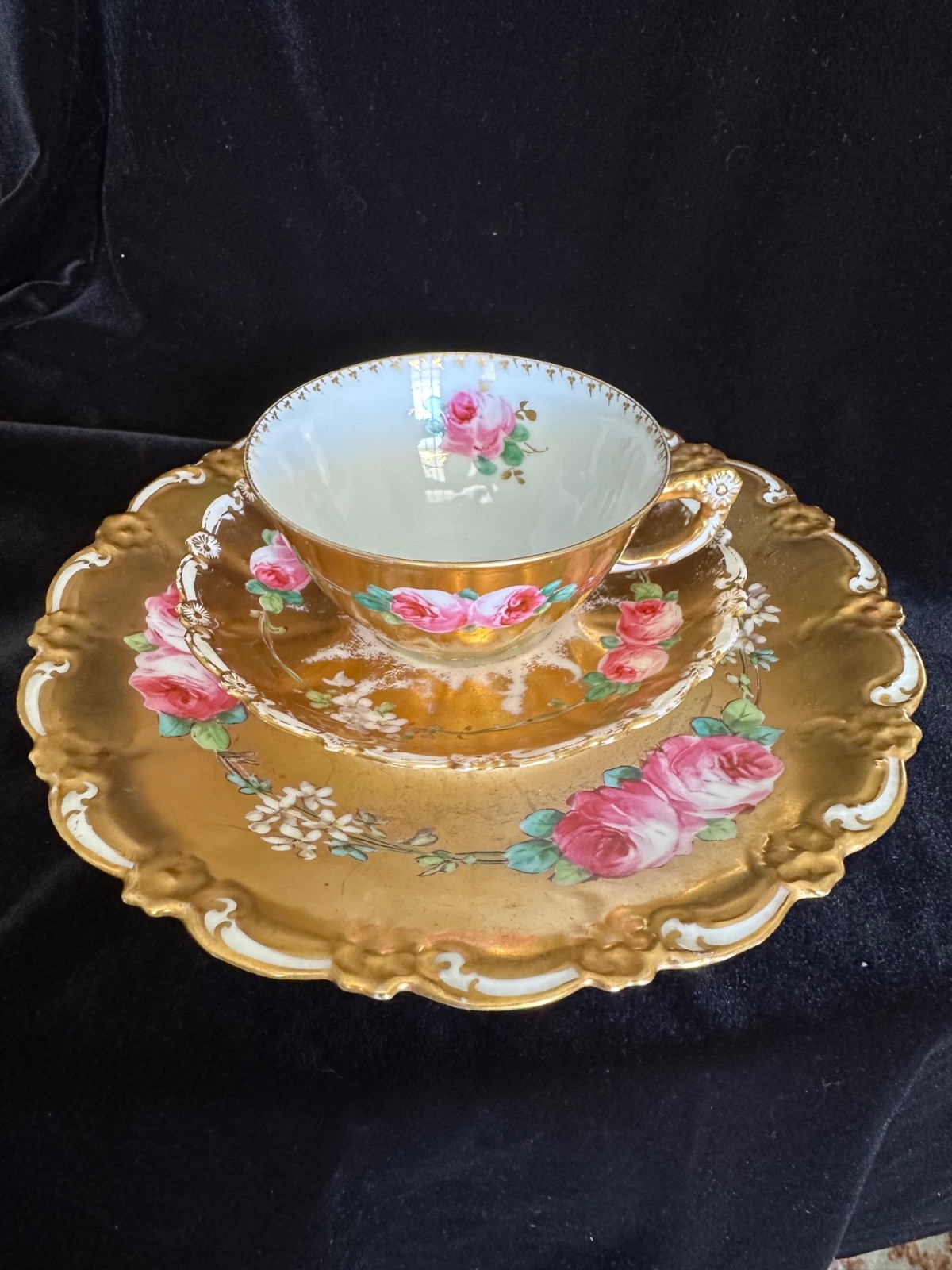 Antique Limoges Coronet Heavy Gold Cabbage Roses Trio Cup Saucer Plate handpaint