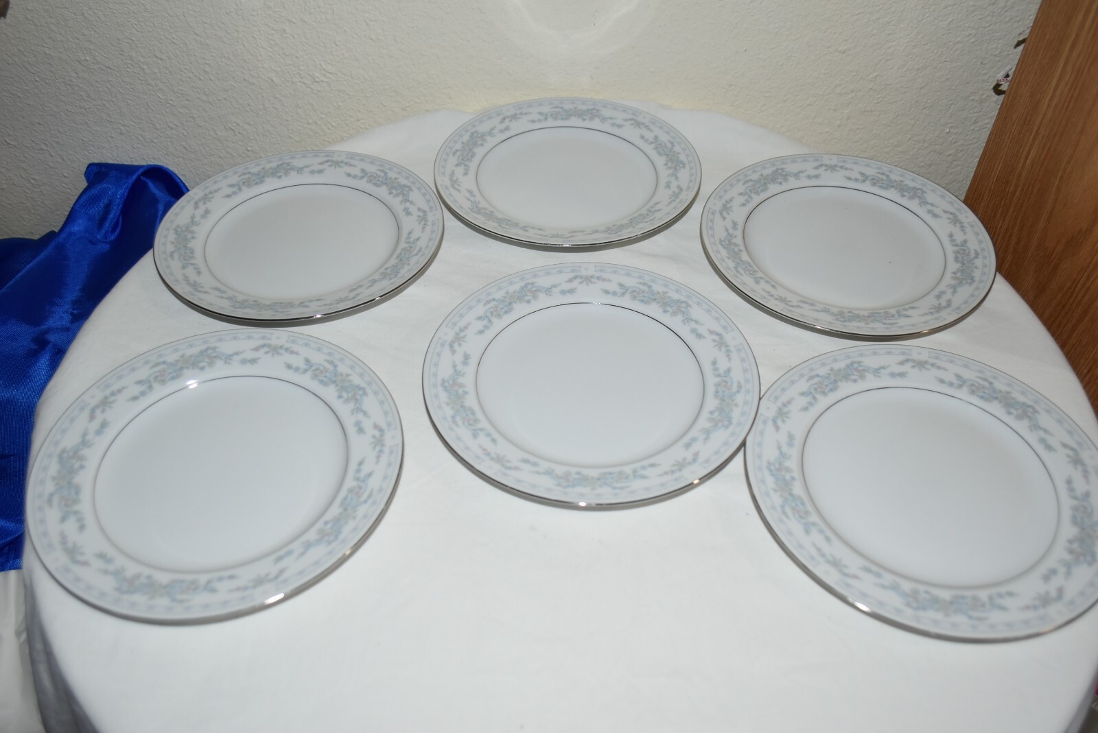 6 Somerset NL Excel China white blue floral Platinum rim 7″ Bread Plates EUC