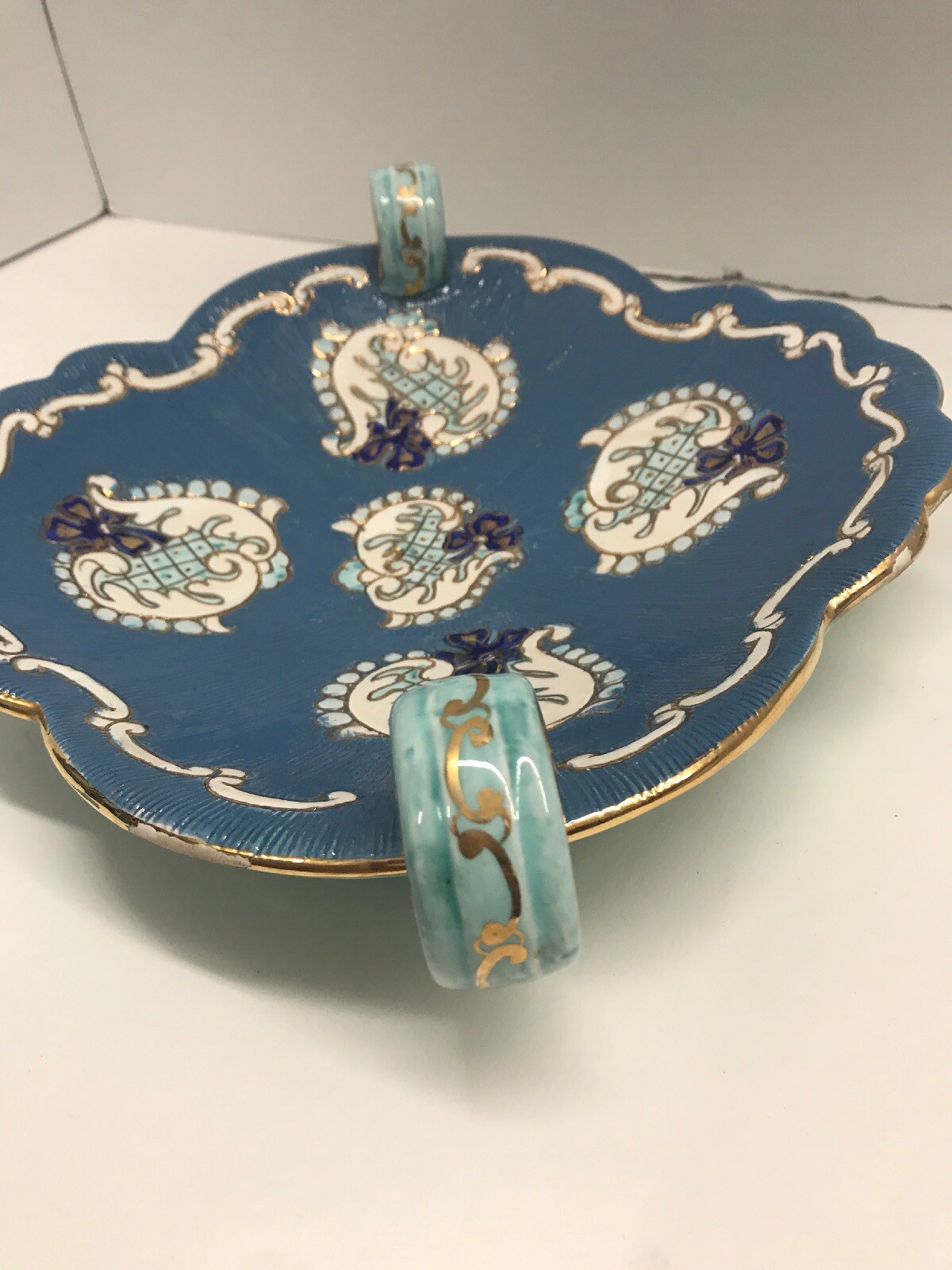 Deruta Bowl Italy Pottery Signed Numbered Blue Gold Leaf Chips On Edge 8”