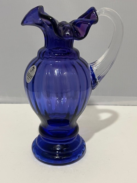 VTG 6″ Fenton Royal Blue Purple signed Small Pitcher Ruffled Edge-ridged Handle