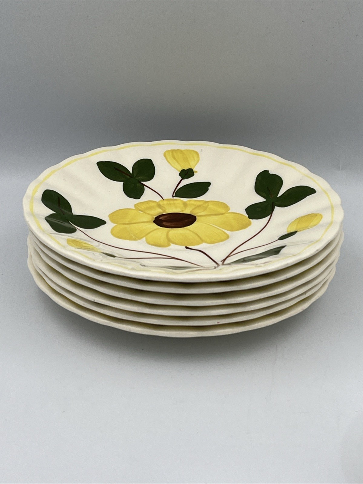 Blue Ridge Pottery Yellow Nocturne Set Of 6 Tea Cups & Saucers 3 Cups Have Chip