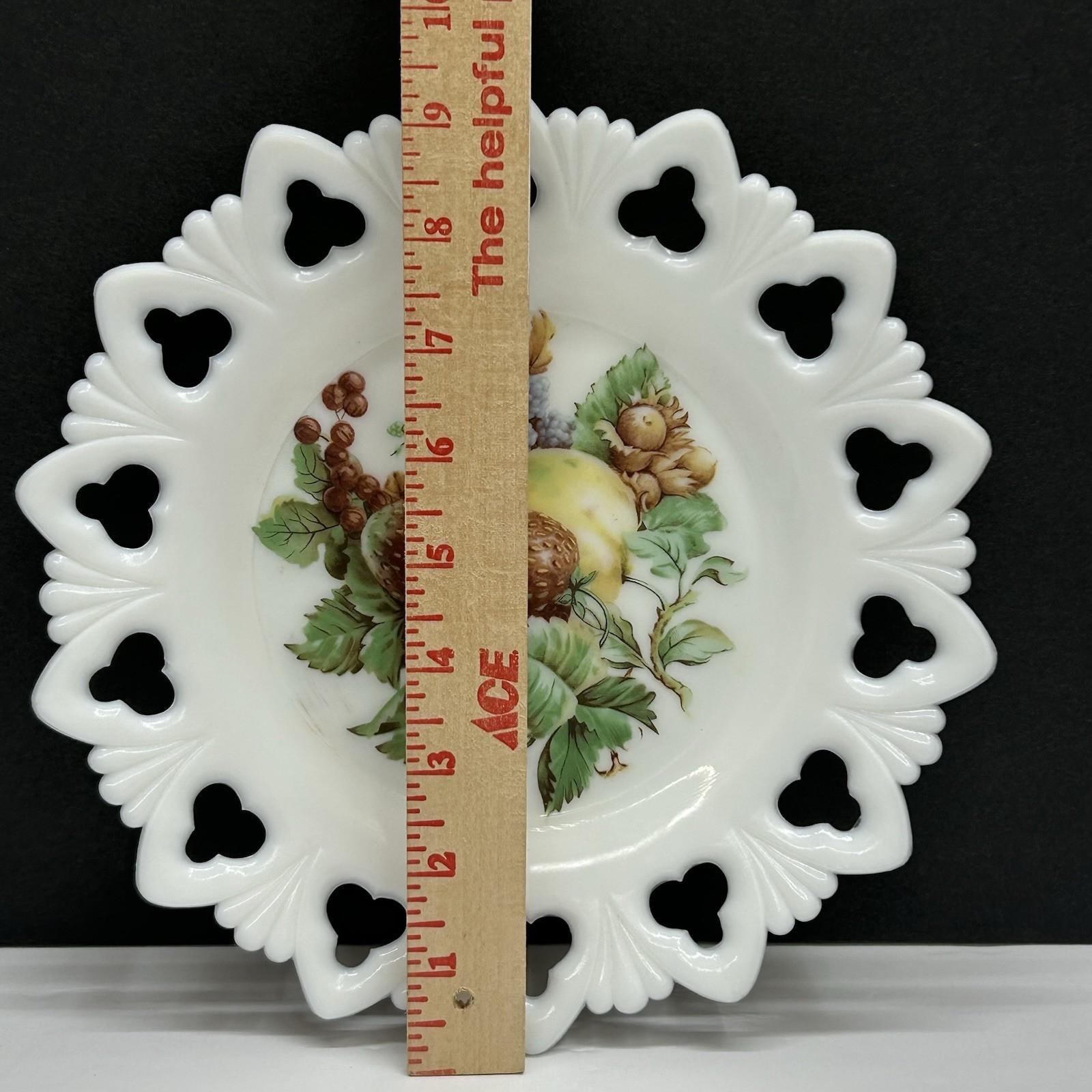 Kemple Milk Glass Plate “Shell & Club” Open Lace Border with Fruit Transfer VTG