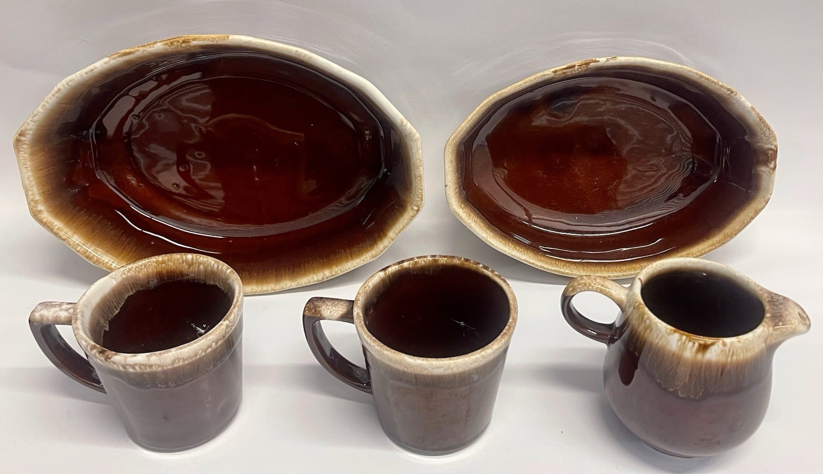 Vintage MCM Brown Drip Glaze Pottery Set Mugs Bowls Creamer USA Oven Proof