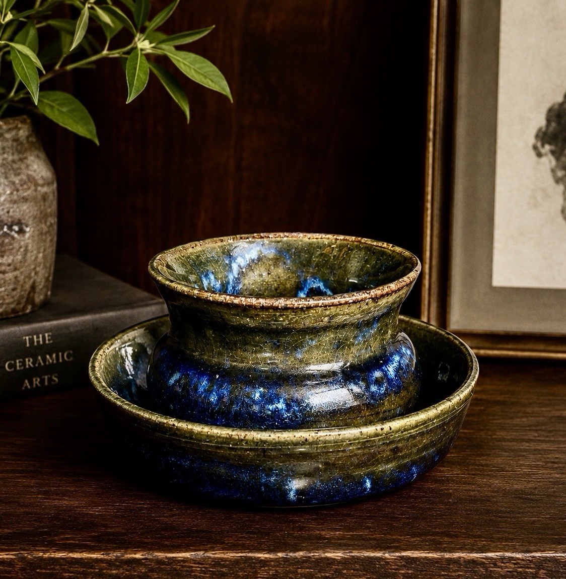 2 Pc Signed Studio Pottery Planter / Saucer Moody Blue Drip Ceramic Hand Thrown