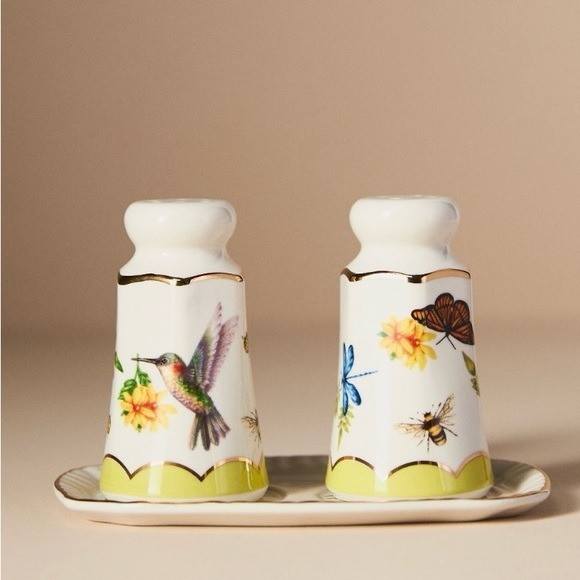 Anthropologie Nathalie Lete Salt and Pepper Shaker Set with Tray Floral Bird Bee