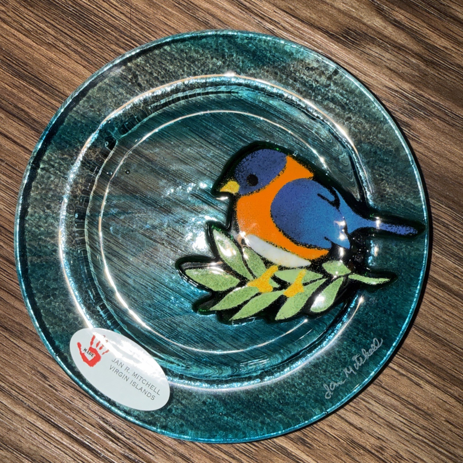 Fused Glass Blue-Green Plate w/ Blue-Orange Bird JAN R. MITCHELL Virgin Island