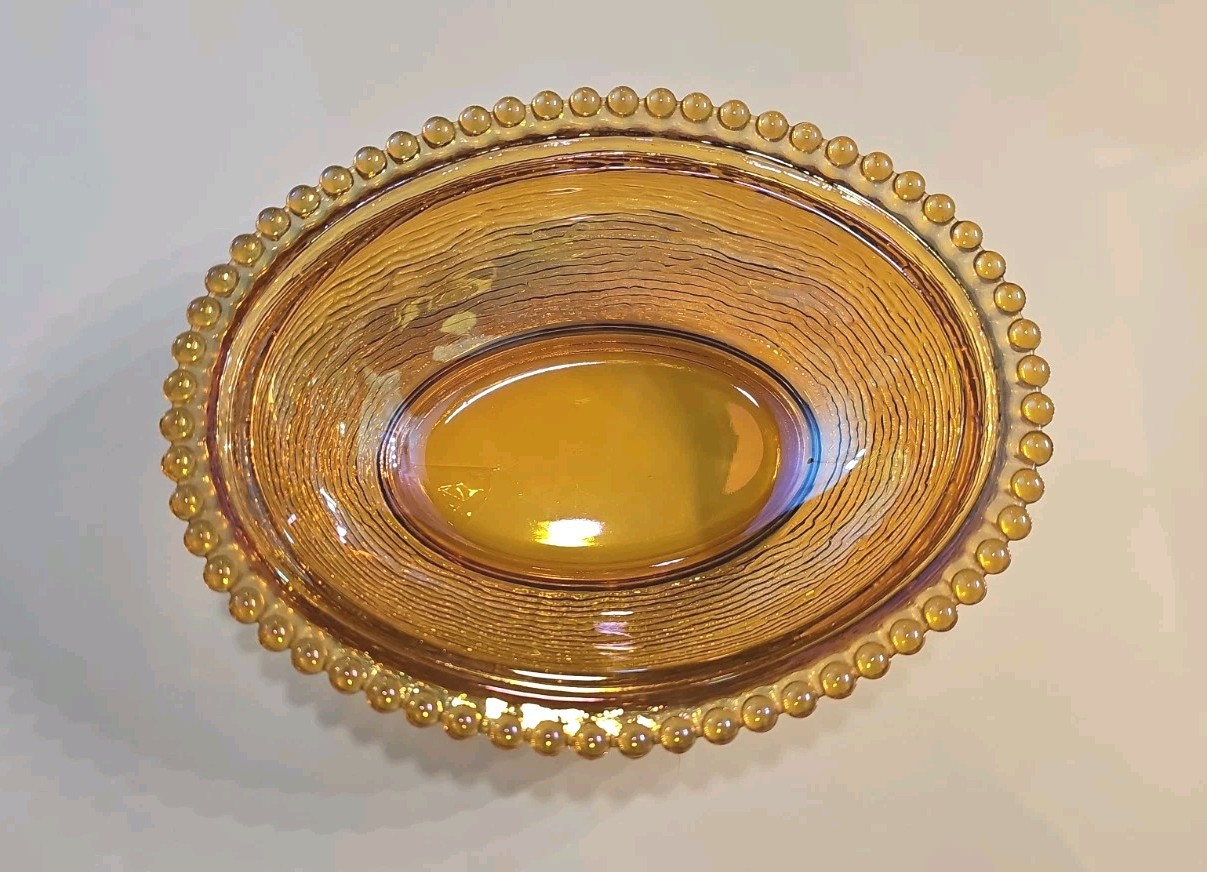Vintage Indiana Golden Carnival Glass Hen on Nest Dish w/ Lid Oval Beaded Base