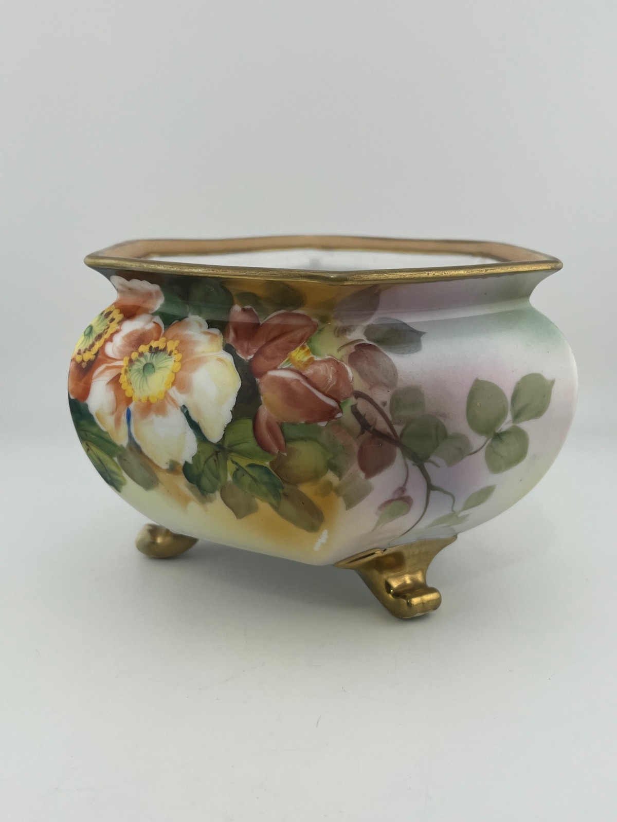 Antique Nippon Hand Painted Footed Bowl Floral Gold Trim Hexagon Pre-1921