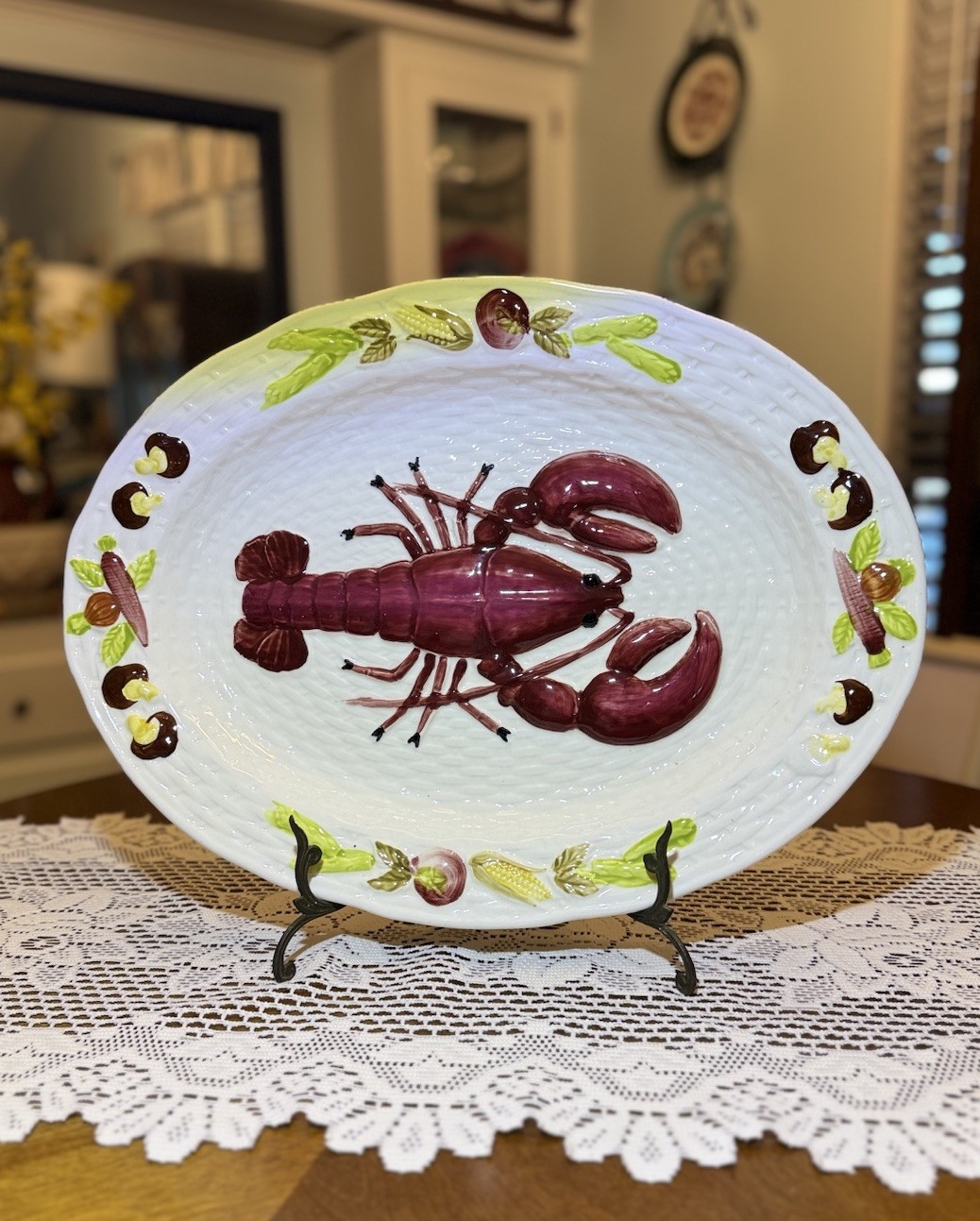 Vintage Lobster Seafood Majolica Style Serving Platter Coastal Wall Hanging